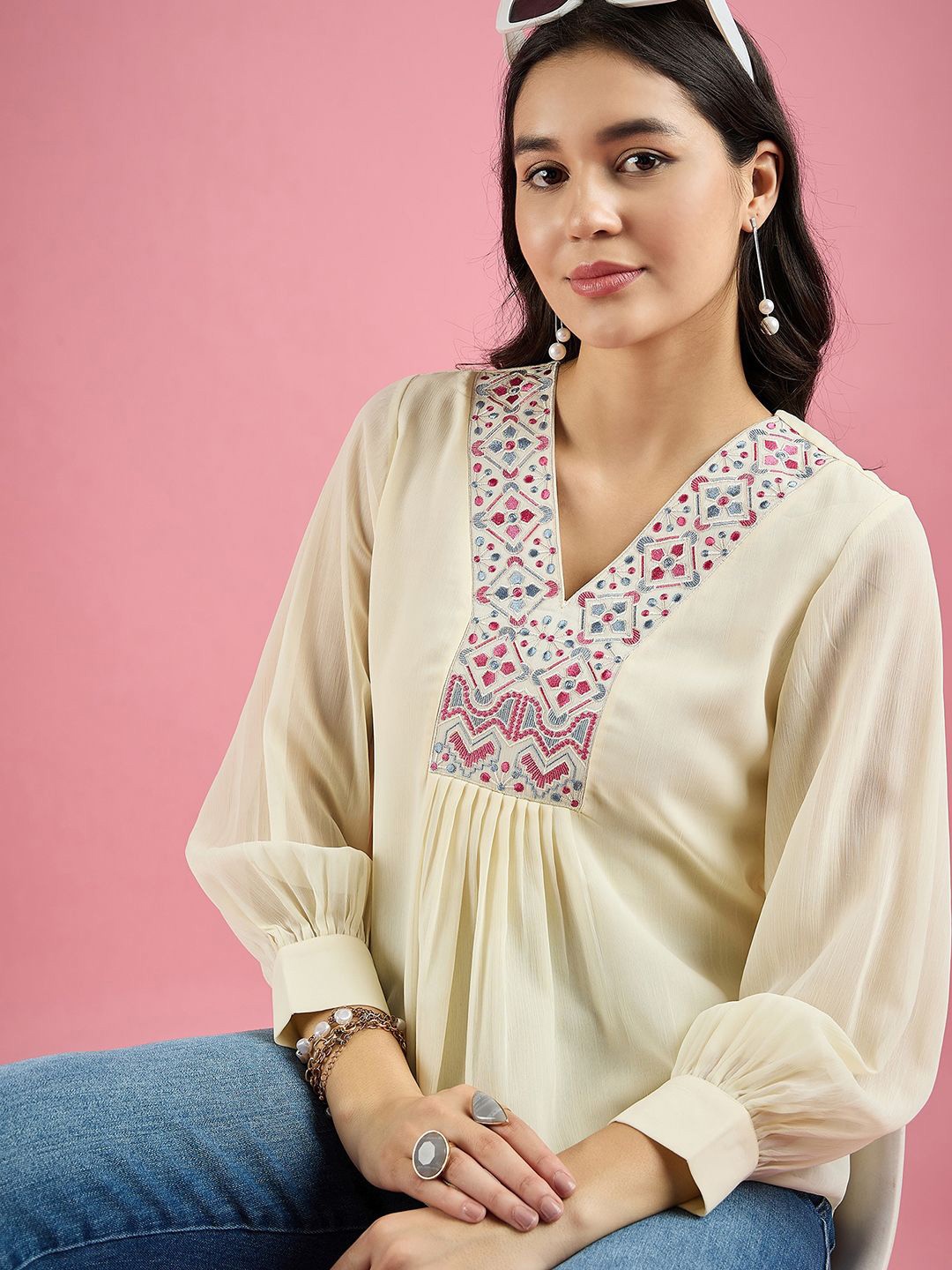 

DressBerry Women Geometric Embroidered Chiffon Top, Cream