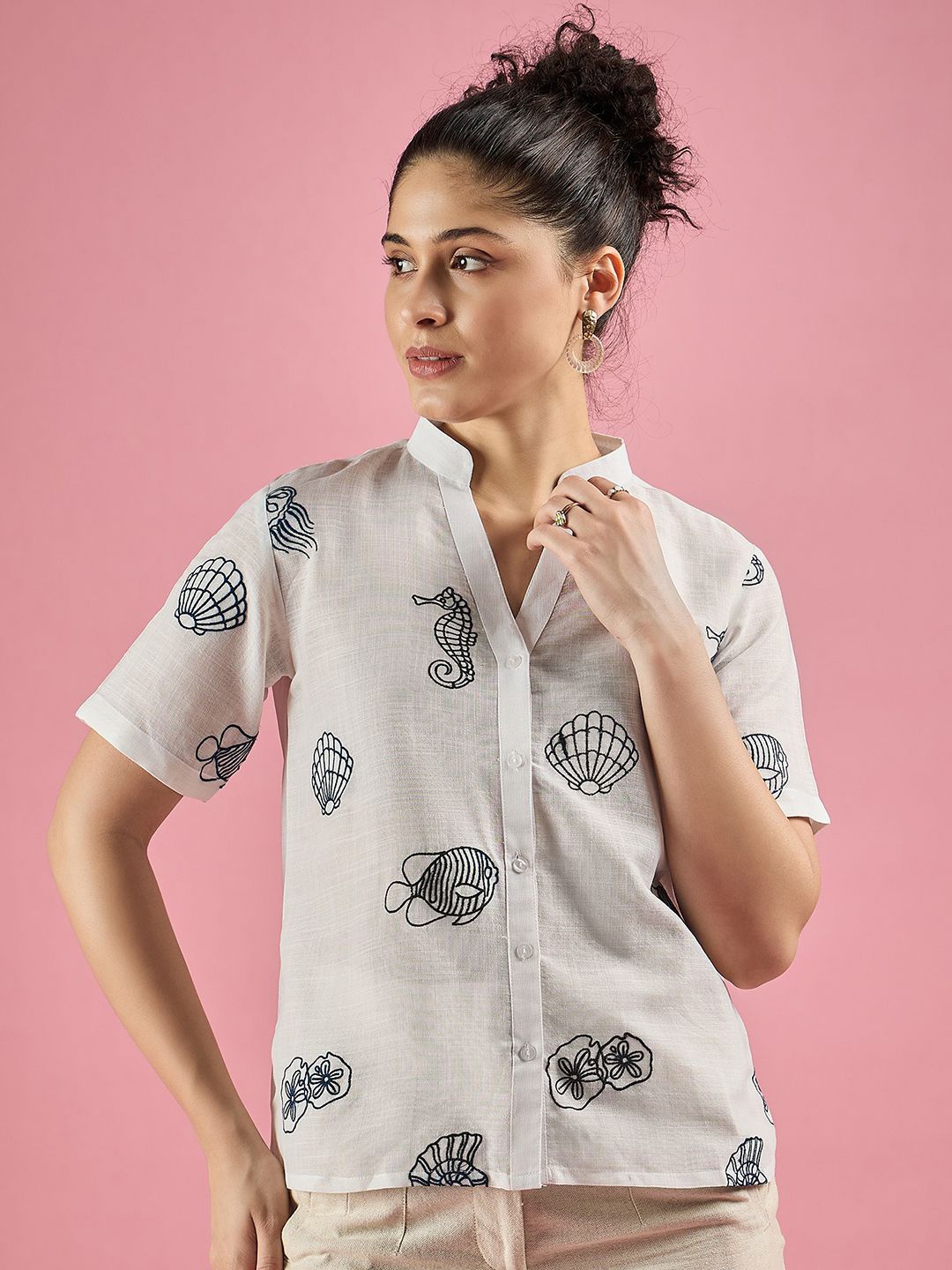 

DressBerry Women Tropical Mandarin Collar Linen Shirt Style Top, White