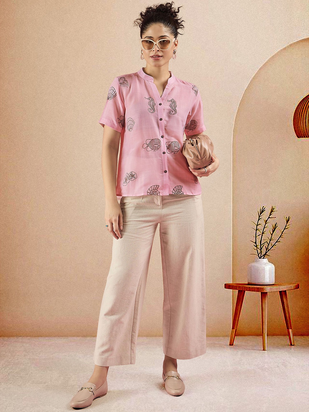 

DressBerry Women Tropical Mandarin Collar Linen Shirt Style Top, Pink