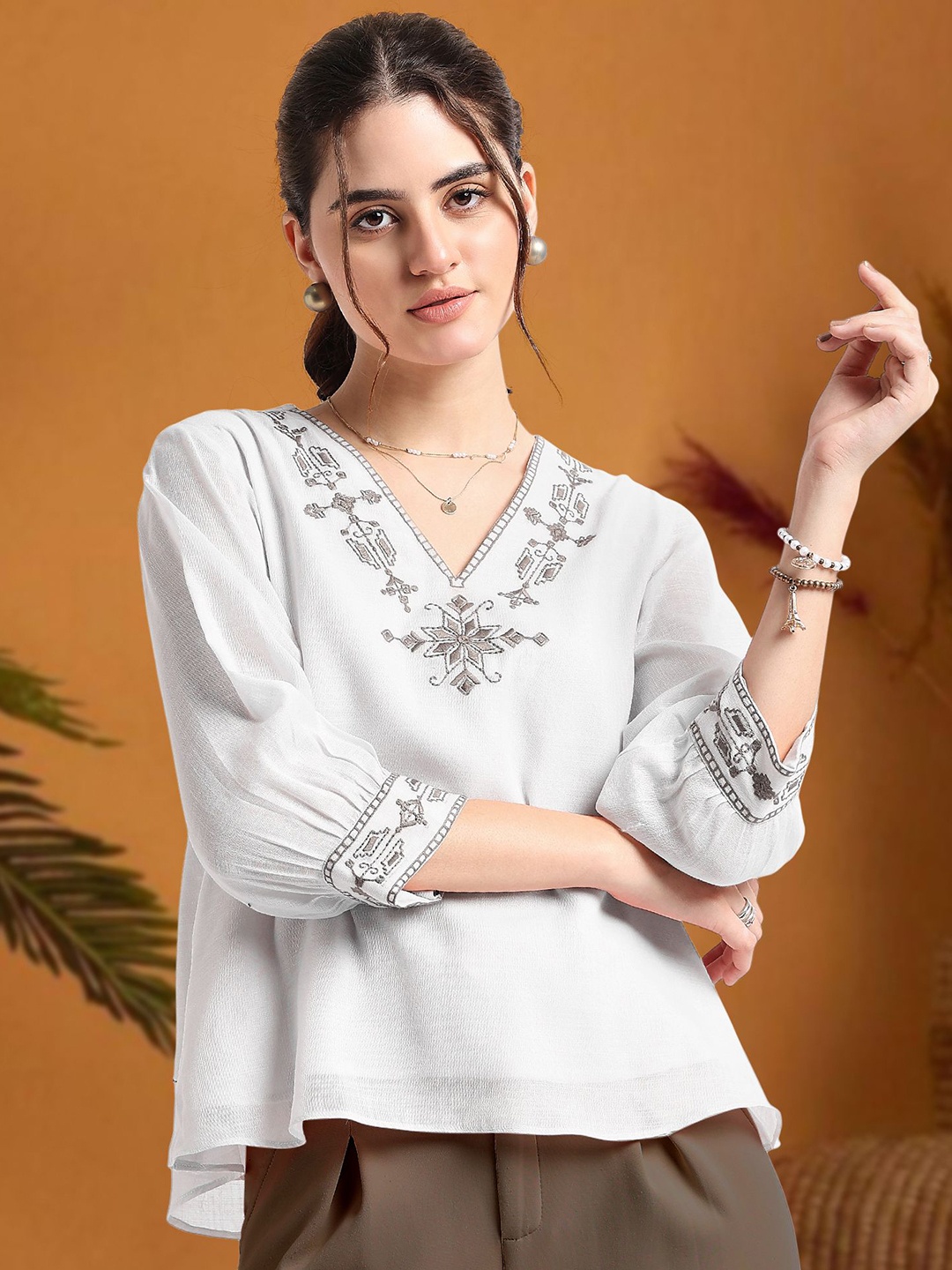 

DressBerry Women Geometric Embroidered Linen Top, White