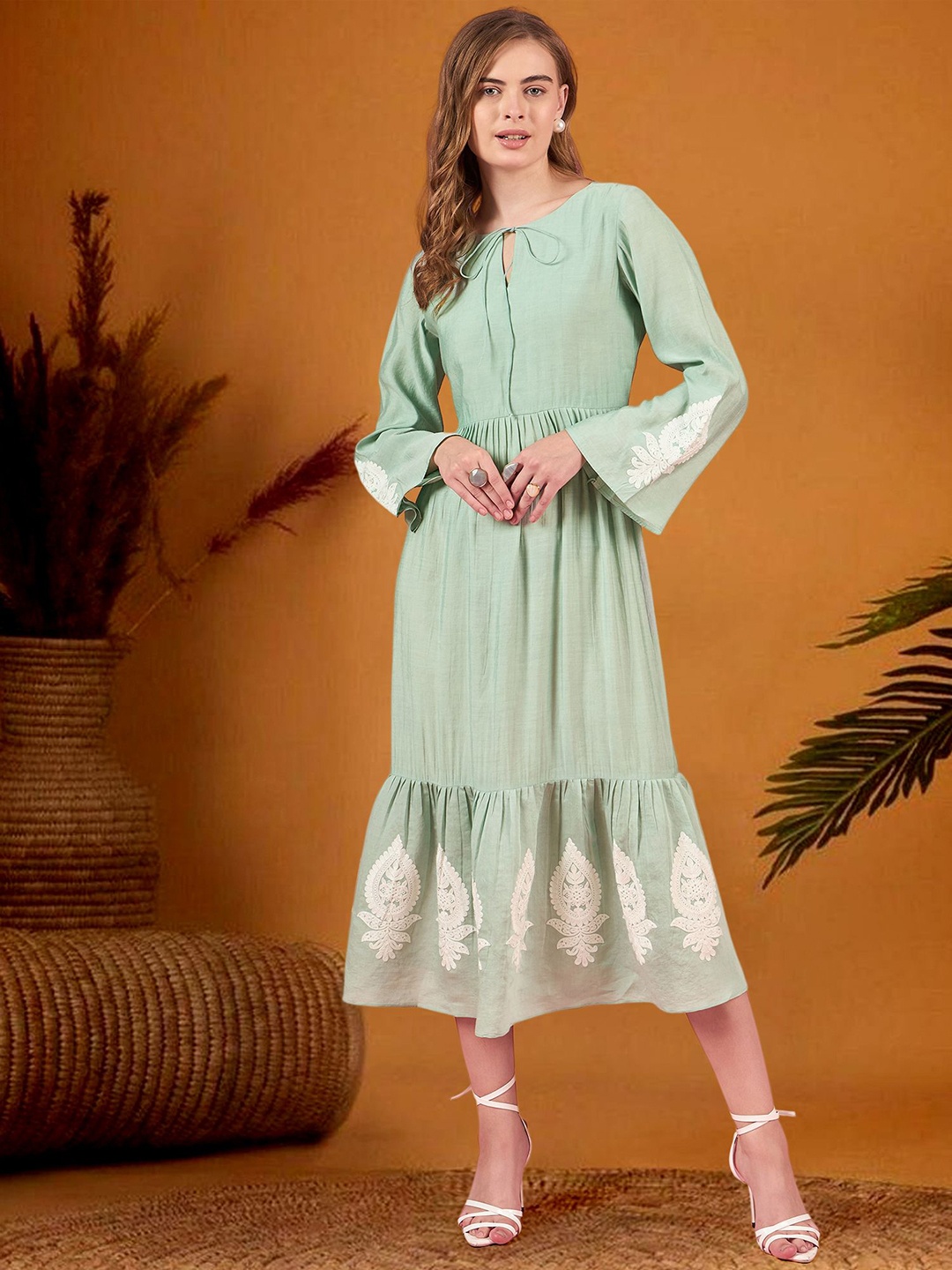 

DressBerry Women Bohemian Embroidered Bell Sleeve Fit & Flare Midi Dress, Green