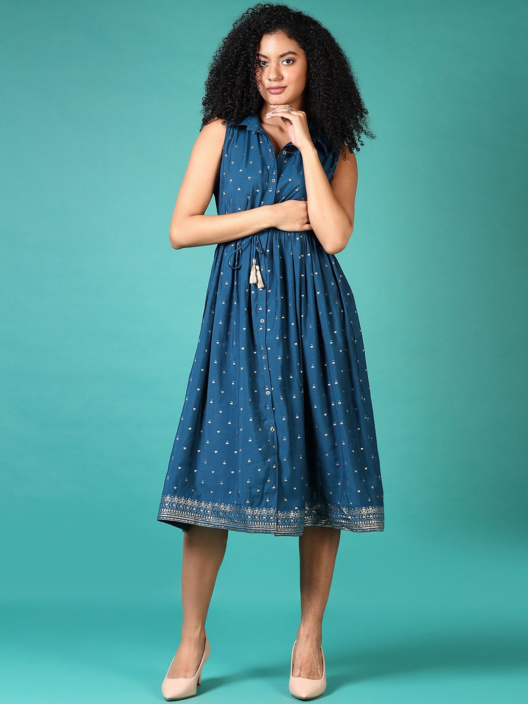 

V-Mart Women Ethnic Printed Shirt Collar Ethnic Dress, Blue