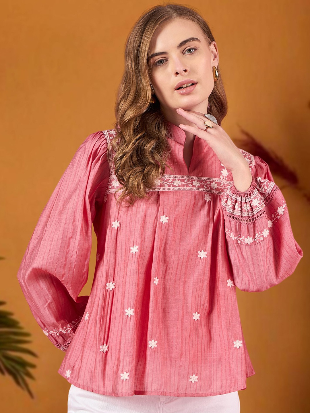 

DressBerry Floral Mandarin Collar Puff Sleeve A-Line Top, Pink