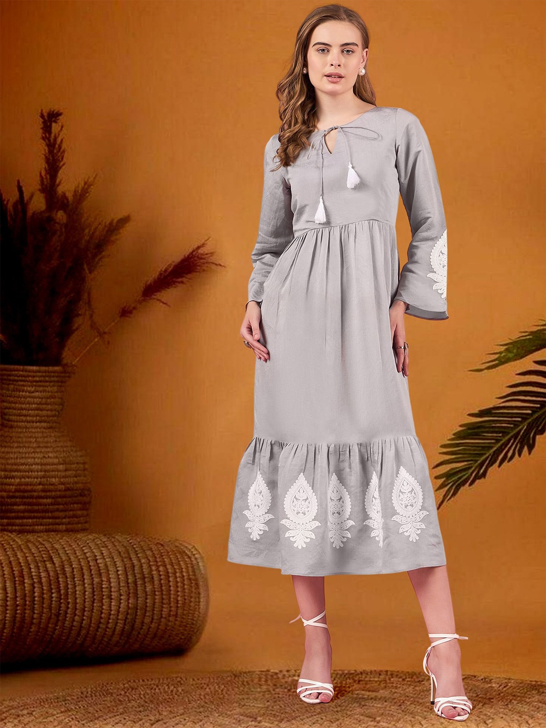 

DressBerry Women Embroidered Bell Sleeve Fit & Flare Midi Dress, Grey