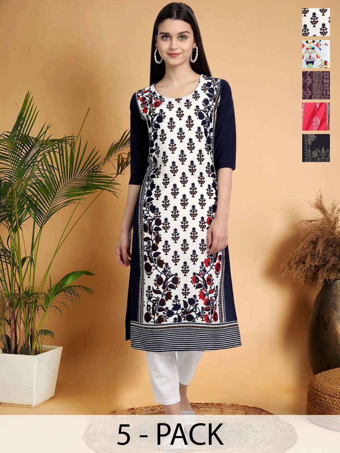 

7Threads Selection Of 5 Floral Printed Round Neck Straight Kurtas, Black