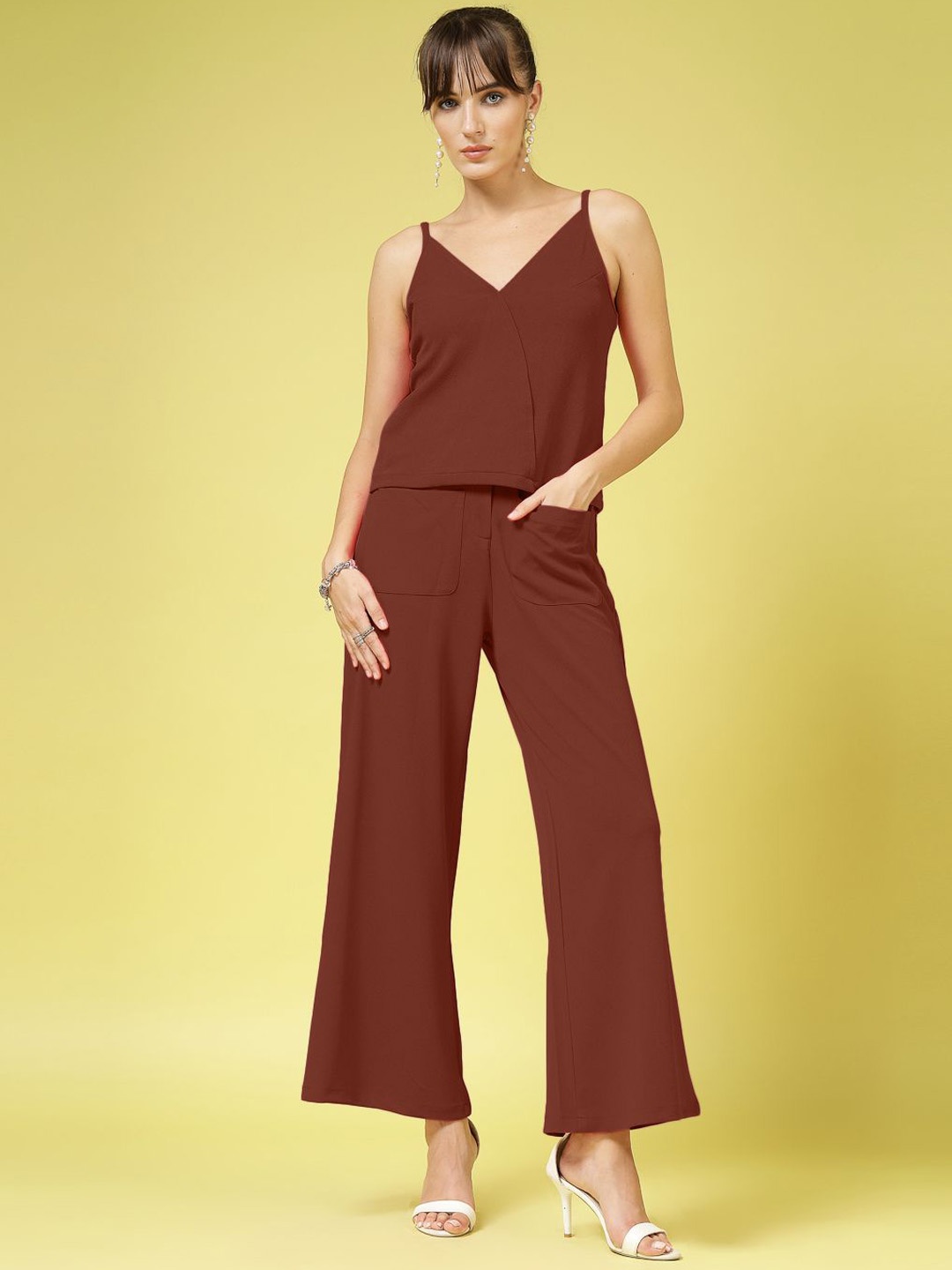 

Oomph! Shoulder Straps Neck Sleeveless Top With Trouser, Rust