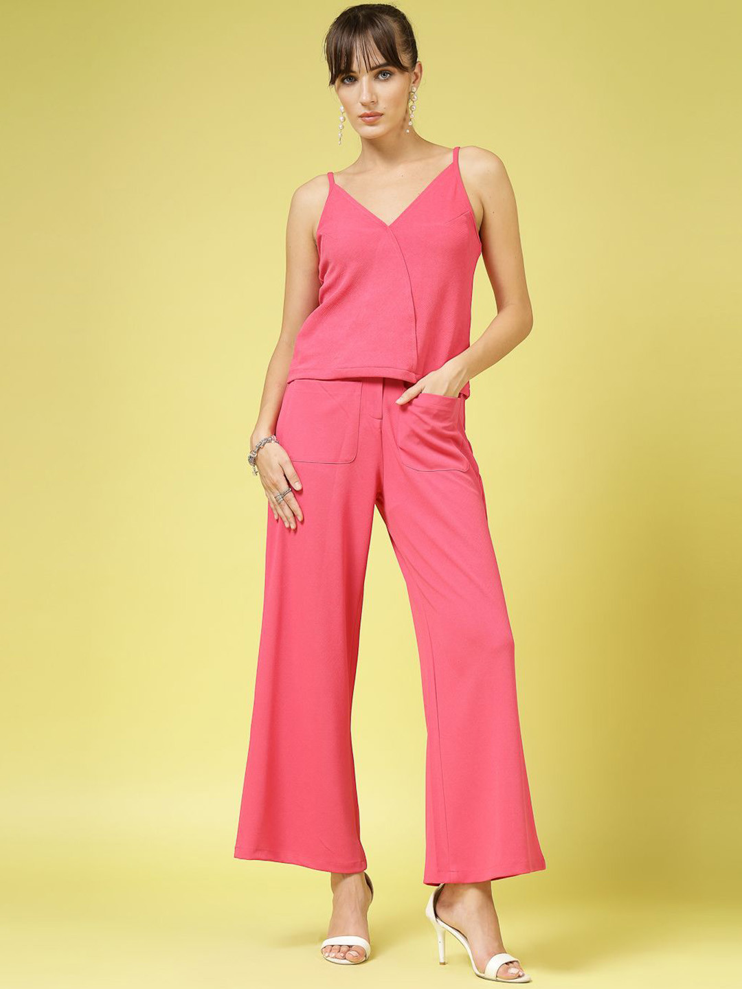 

Oomph! Shoulder Straps Neck Sleeveless Top With Trouser, Pink