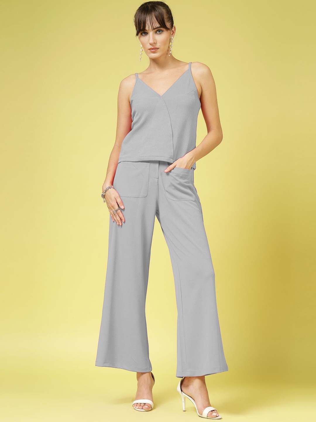 Oomph! Shoulder Straps Neck Sleeveless Top With Trouser, Grey