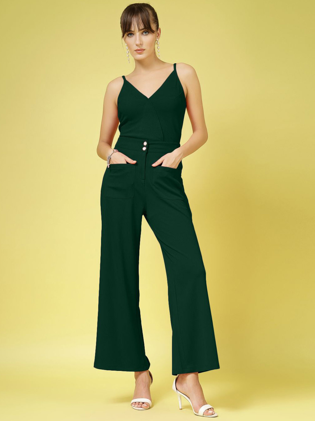 

Oomph! Shoulder Straps Neck Sleeveless Top With Trouser, Green