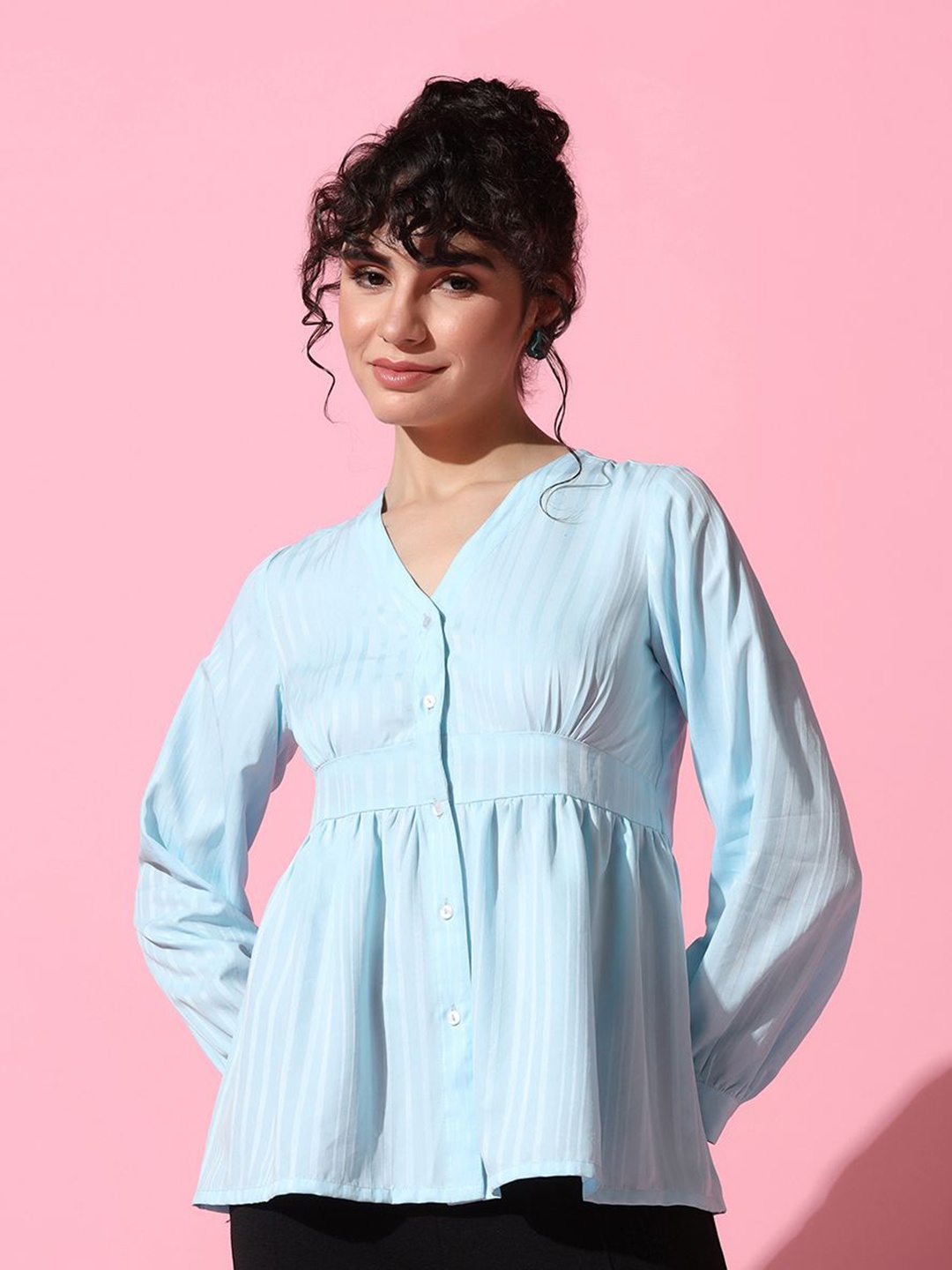 

Moda Rapido Women V-Neck Cuffed Sleeves Striped Top, Blue