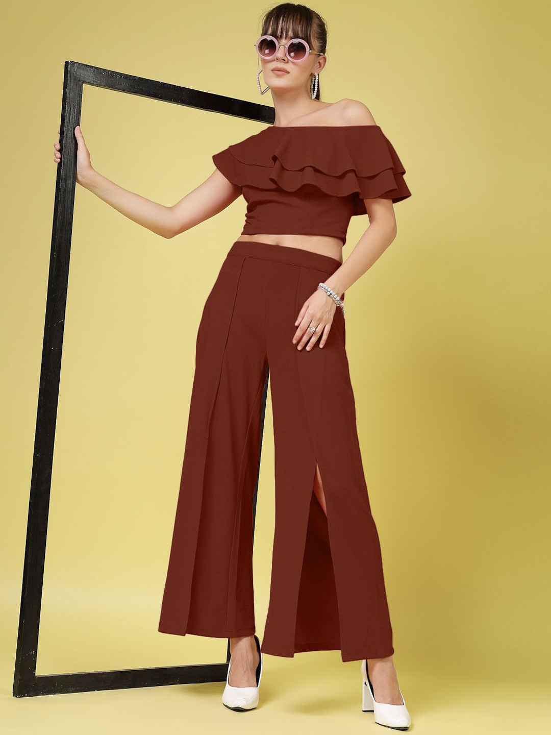 

Oomph! One Shoulder Neck Short Sleeves Top With Trouser, Rust