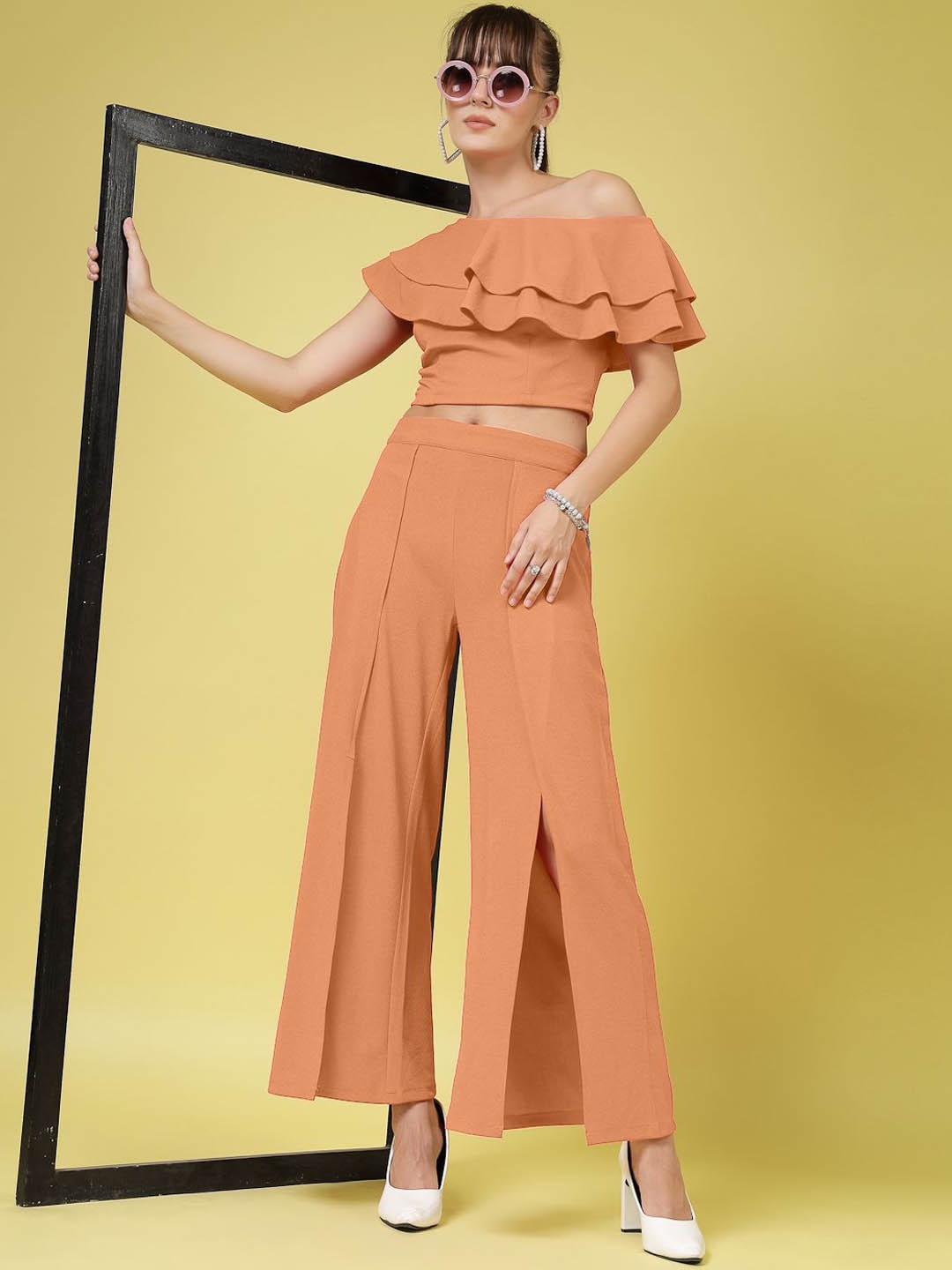 

Oomph! One Shoulder Neck Short Sleeves Top With Trouser, Orange