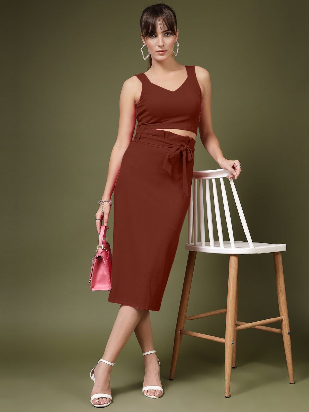 

Oomph! V-Neck Sleeveless Top With Skirt, Brown
