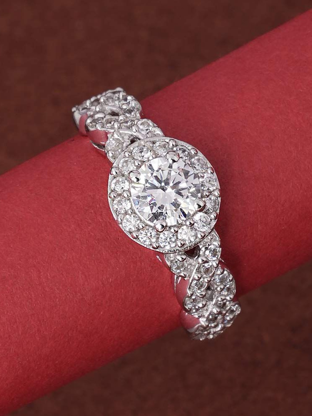 

PALMONAS Rhodium-Plated 925 Sterling Silver CZ-Studded Blush Halo Ring for Womens