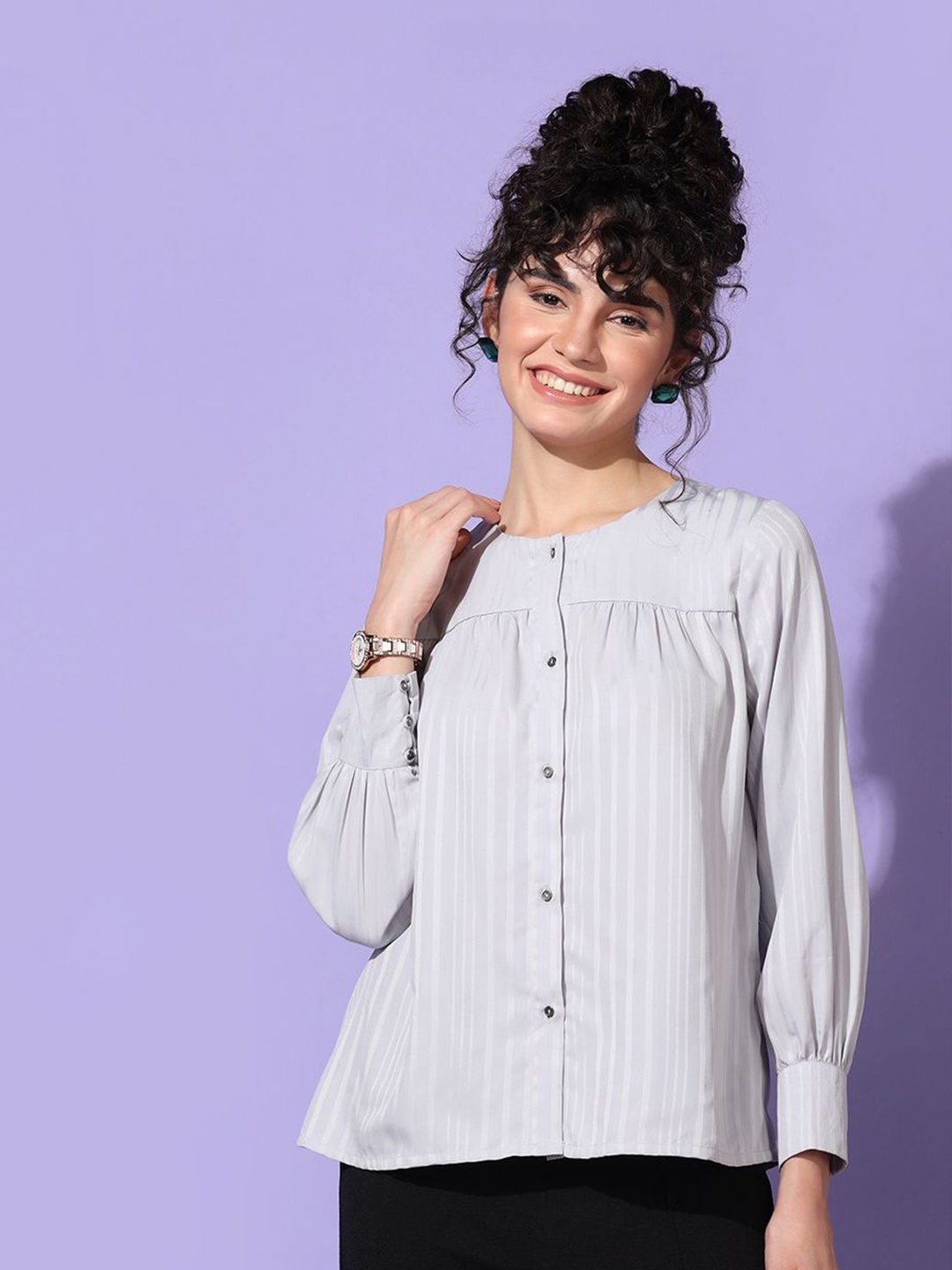 

Moda Rapido Women Vertical Stripes Striped A-Line Top, Grey