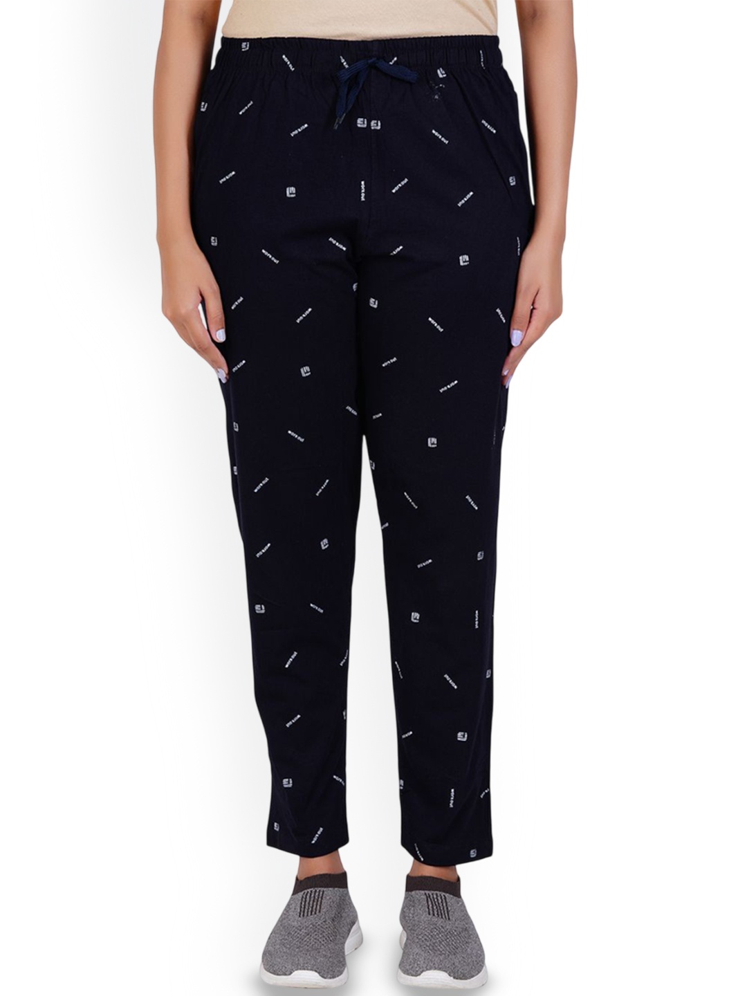 

FEEL TRACK Women Printed Cotton Mid Rise Track Pant, Navy blue