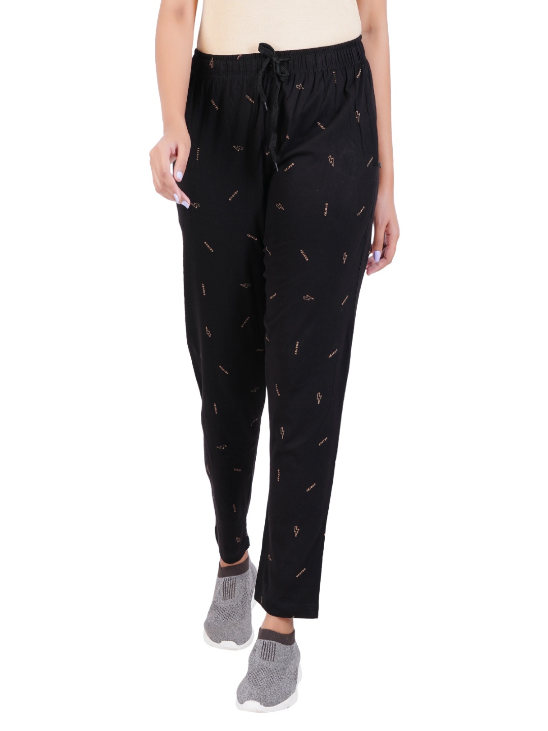 

FEEL TRACK Women Printed Cotton Track Pants, Black