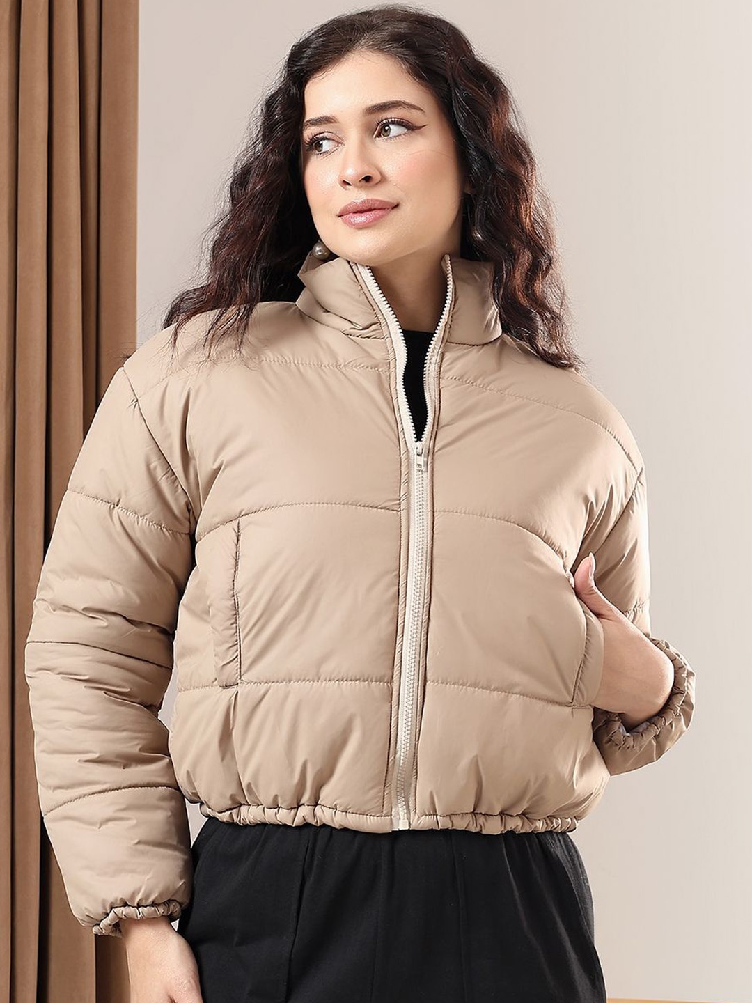 

Kotty Women Mock Collar Solid Casual Puffer Insulator Jacket, Beige