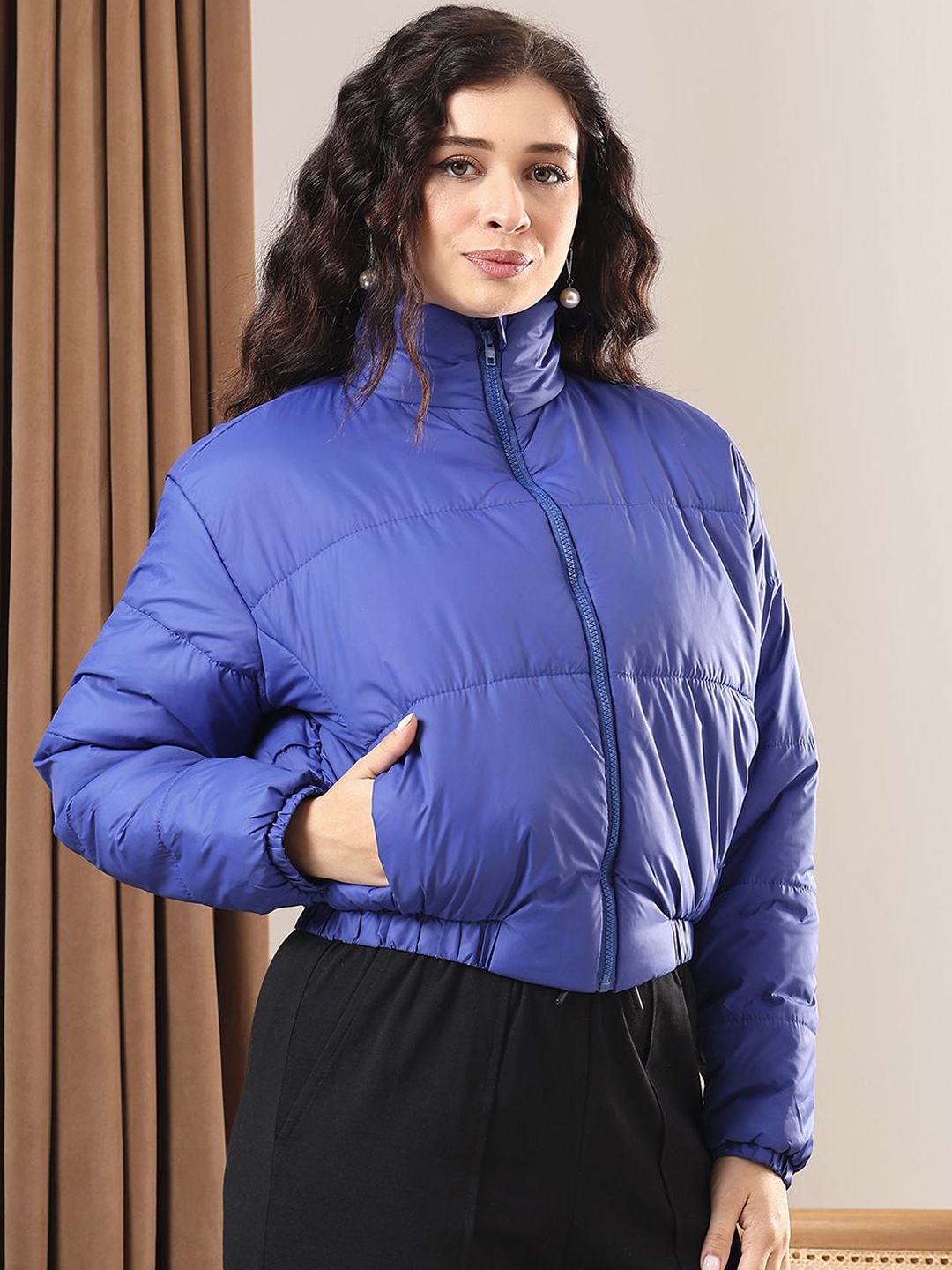 

Kotty Women Mock Collar Solid Casual Puffer Insulator Jacket, Blue