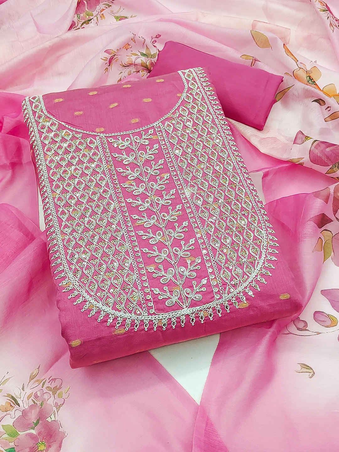 

KALINI Floral Embroidered Sequinned Chanderi Cotton Unstitched Dress Material, Pink
