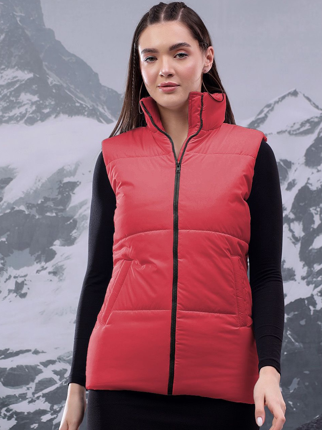

Kotty Women Mock Collar Solid Casual Puffer Insulator Jacket, Red