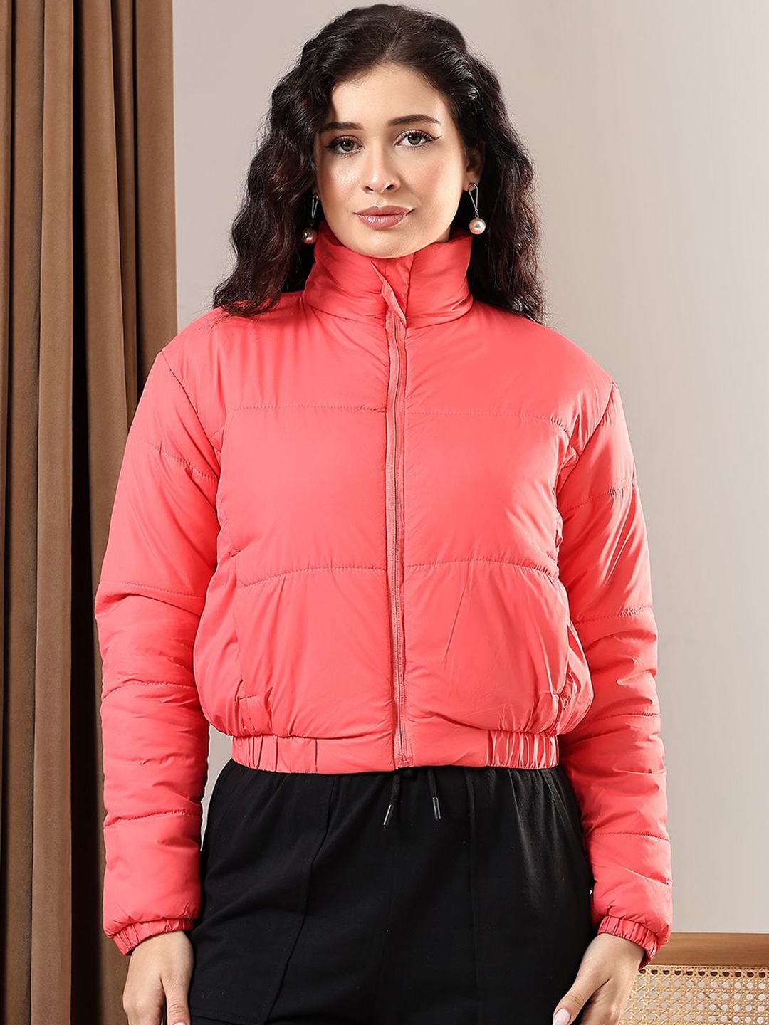 

Kotty Women Mock Collar Solid Casual Puffer Insulator Jacket, Coral