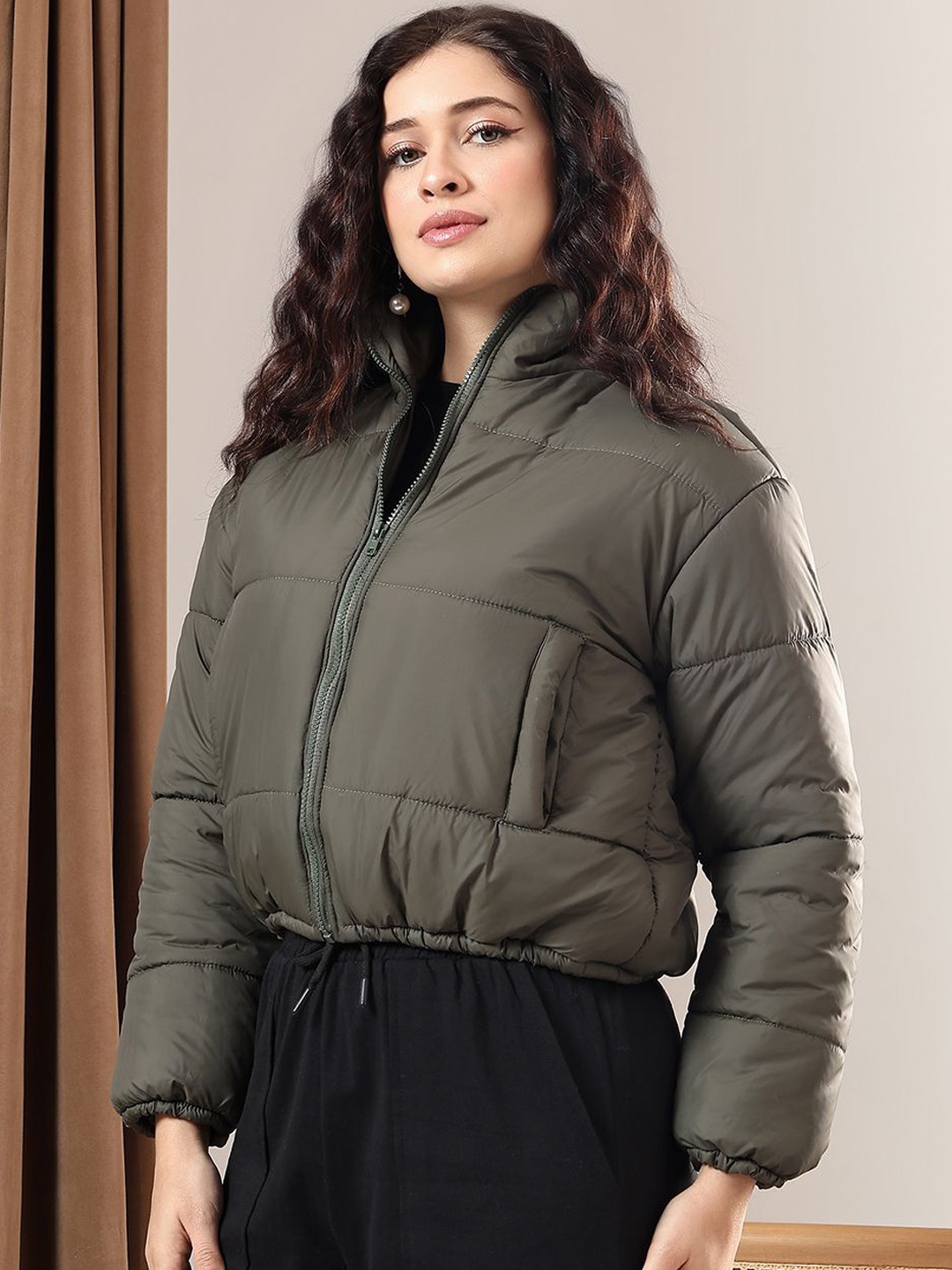 

Kotty Women Mock Collar Solid Casual Puffer Insulator Jacket, Olive