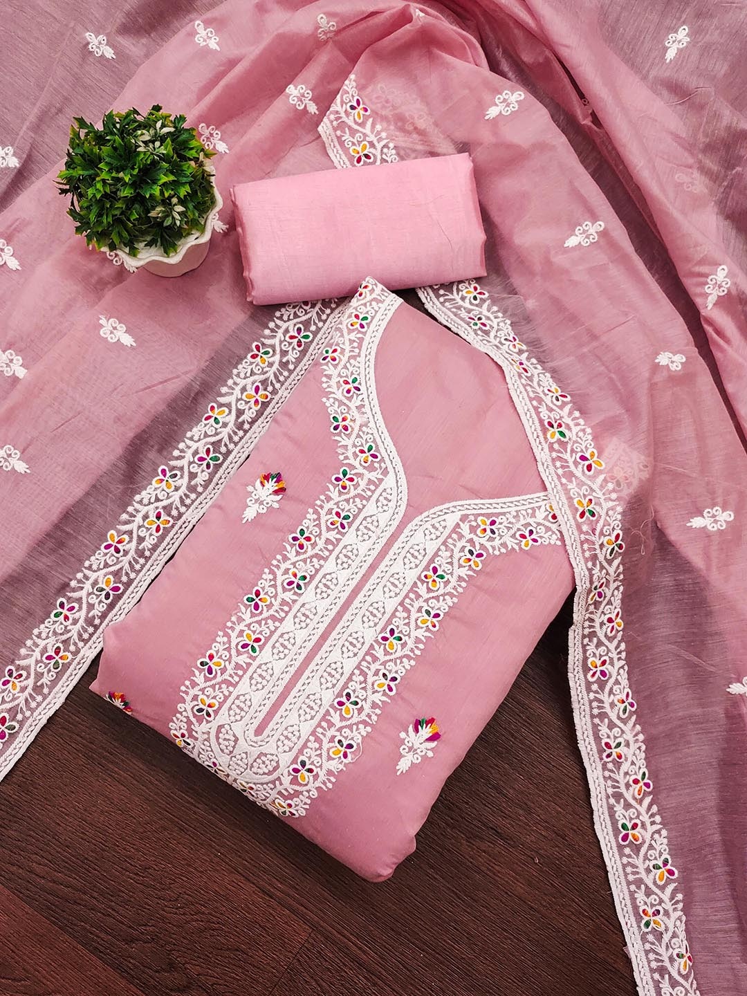

KALINI Floral Embroidered Chanderi Cotton Unstitched Dress Material, Pink