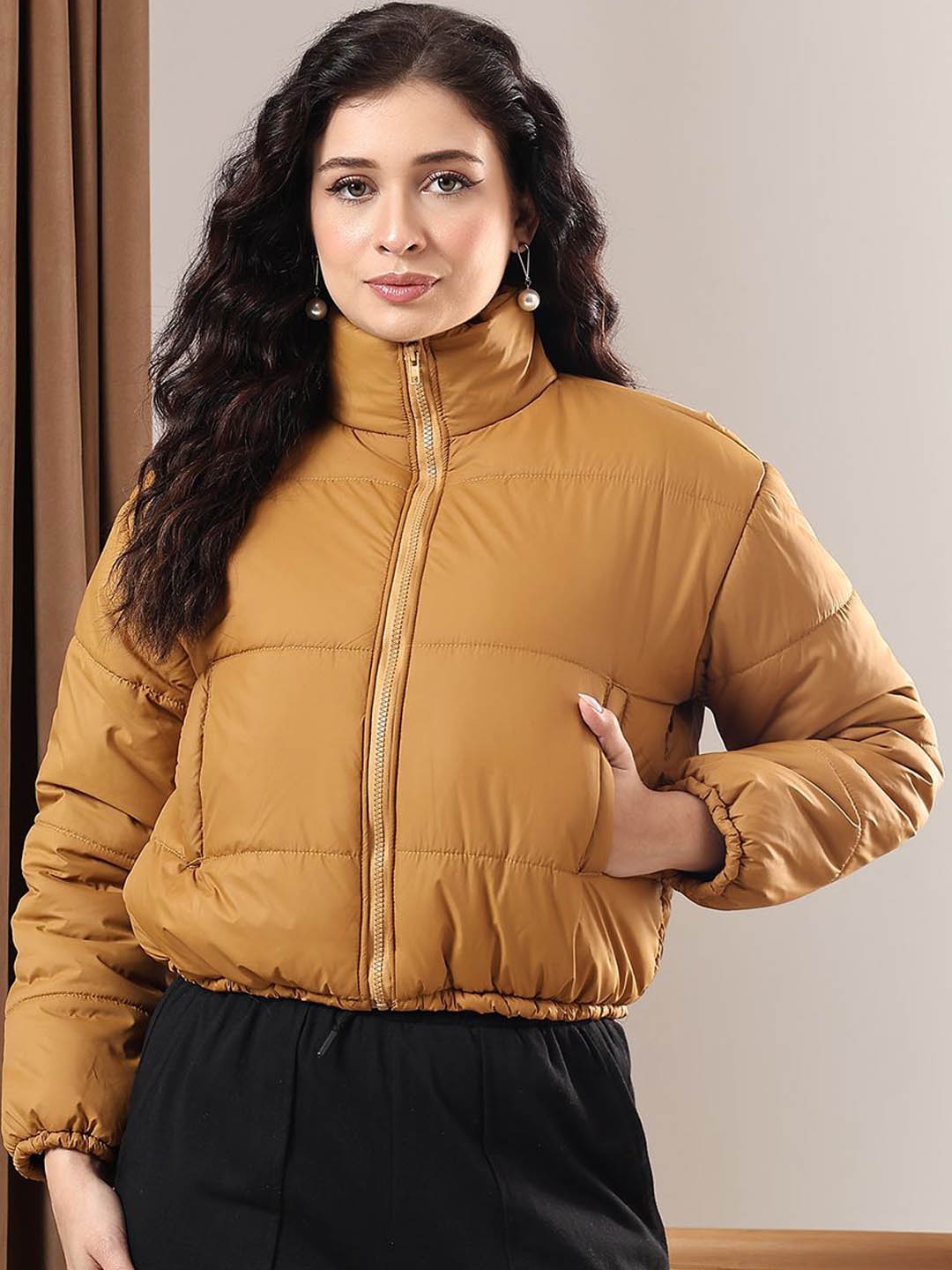 

Kotty Women Mock Collar Solid Casual Puffer Insulator Jacket, Yellow