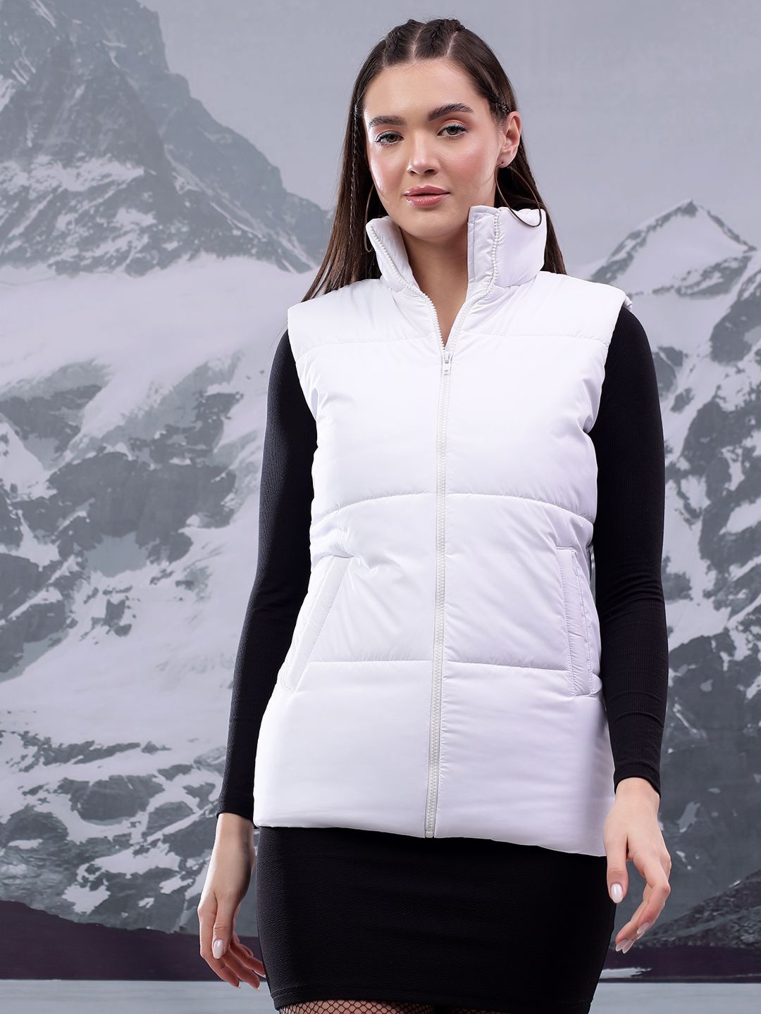 

Kotty Women Mock Collar Solid Casual Puffer Insulator Jacket, White