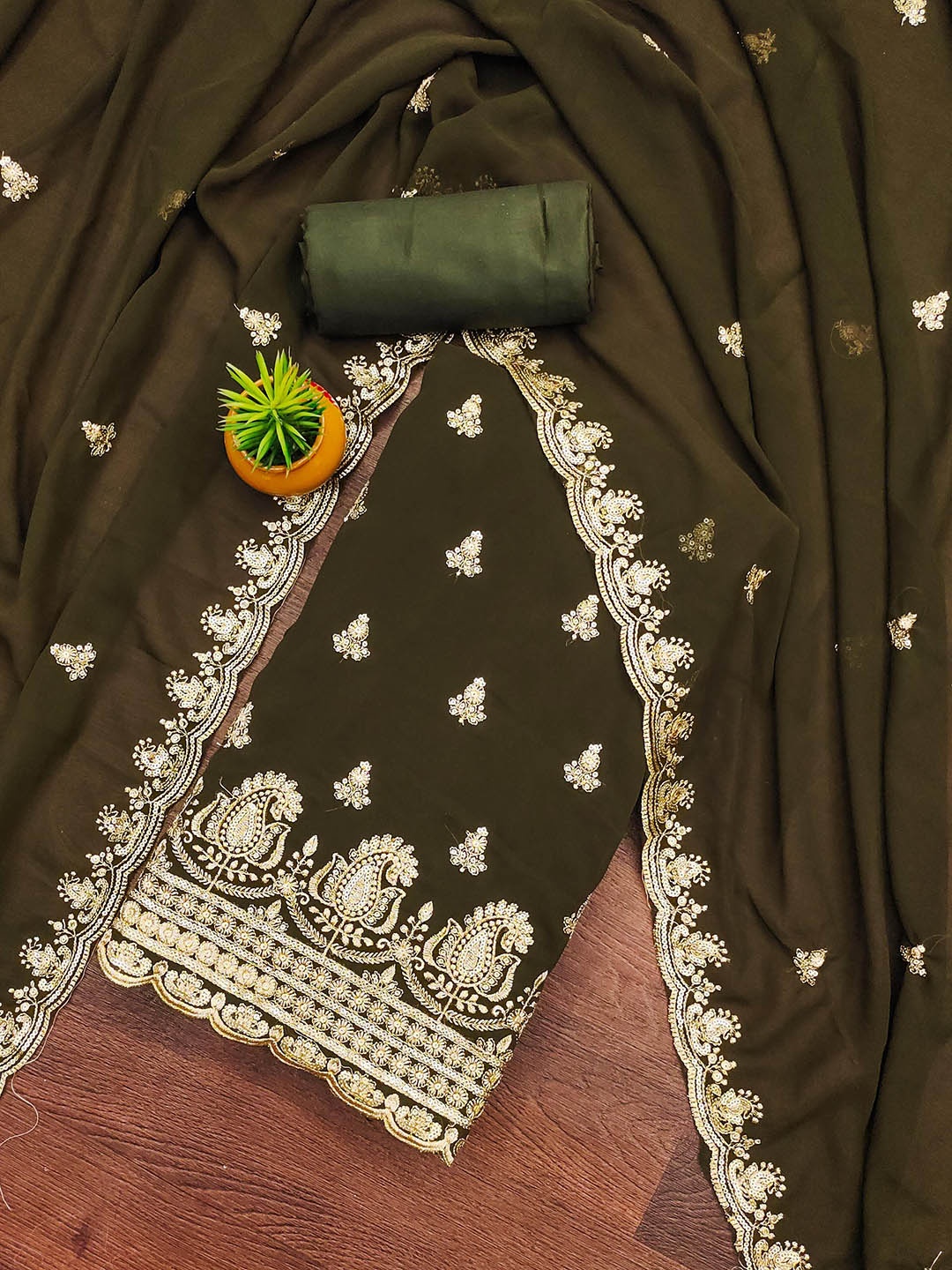 

KALINI Floral Embroidered Sequinned Silk Georgette Unstitched Dress Material, Olive