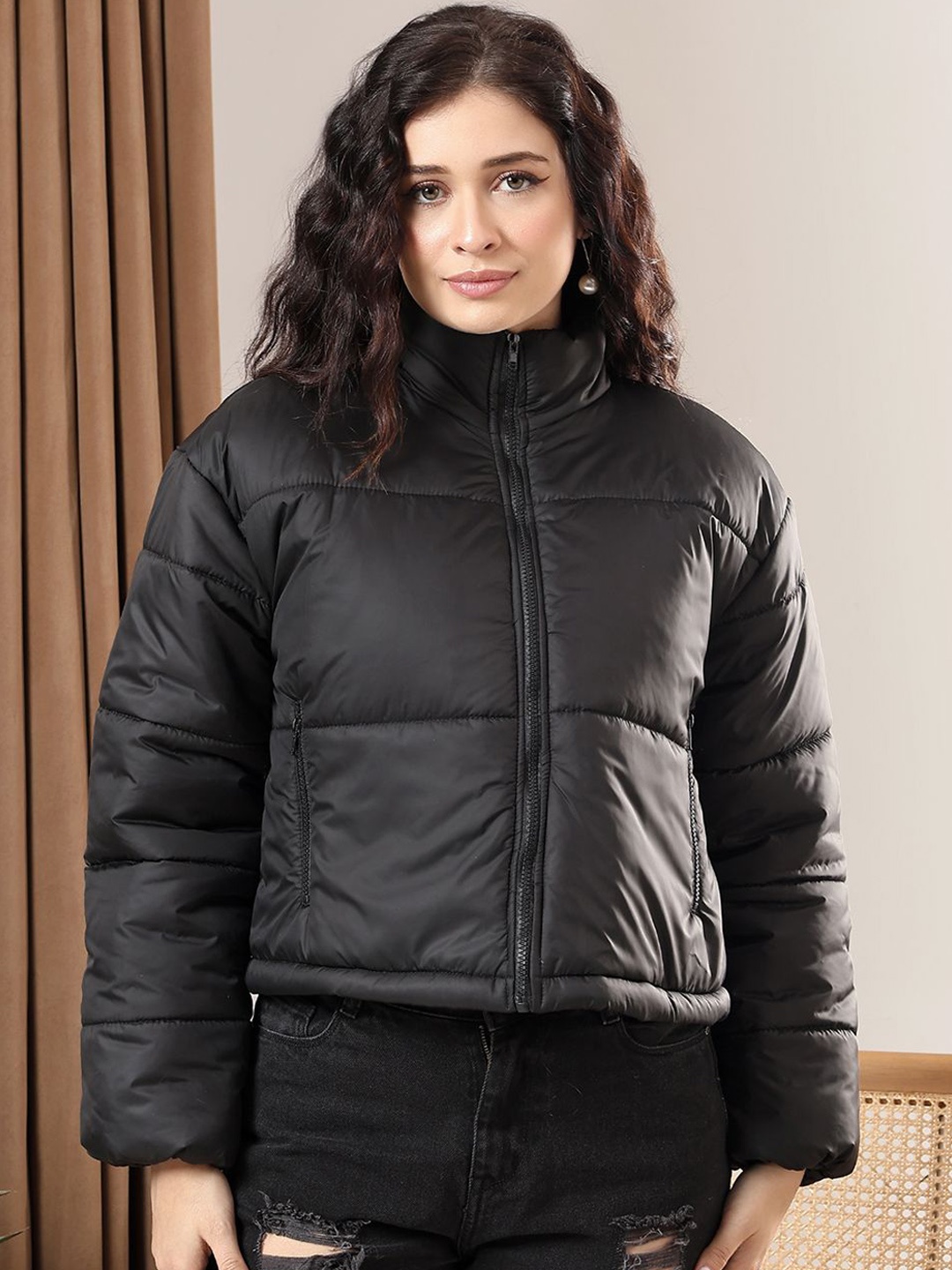 

Kotty Women Mock Collar Solid Casual Puffer Insulator Jacket, Black