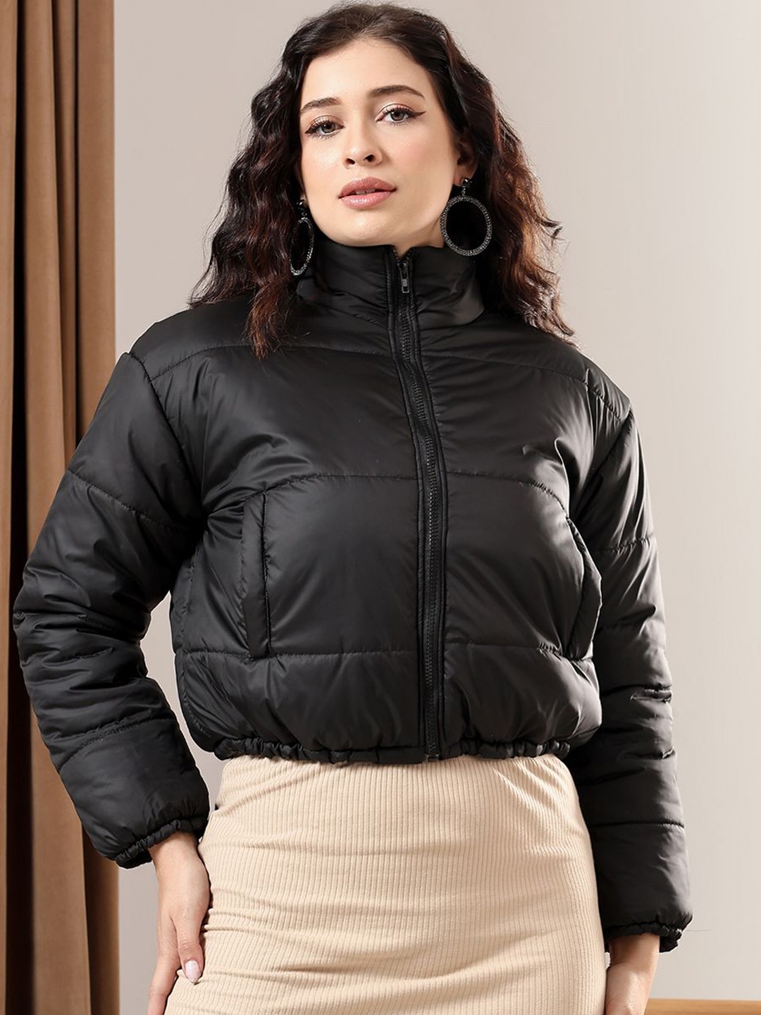 

Kotty Women Mock Collar Solid Casual Puffer Insulator Jacket, Black