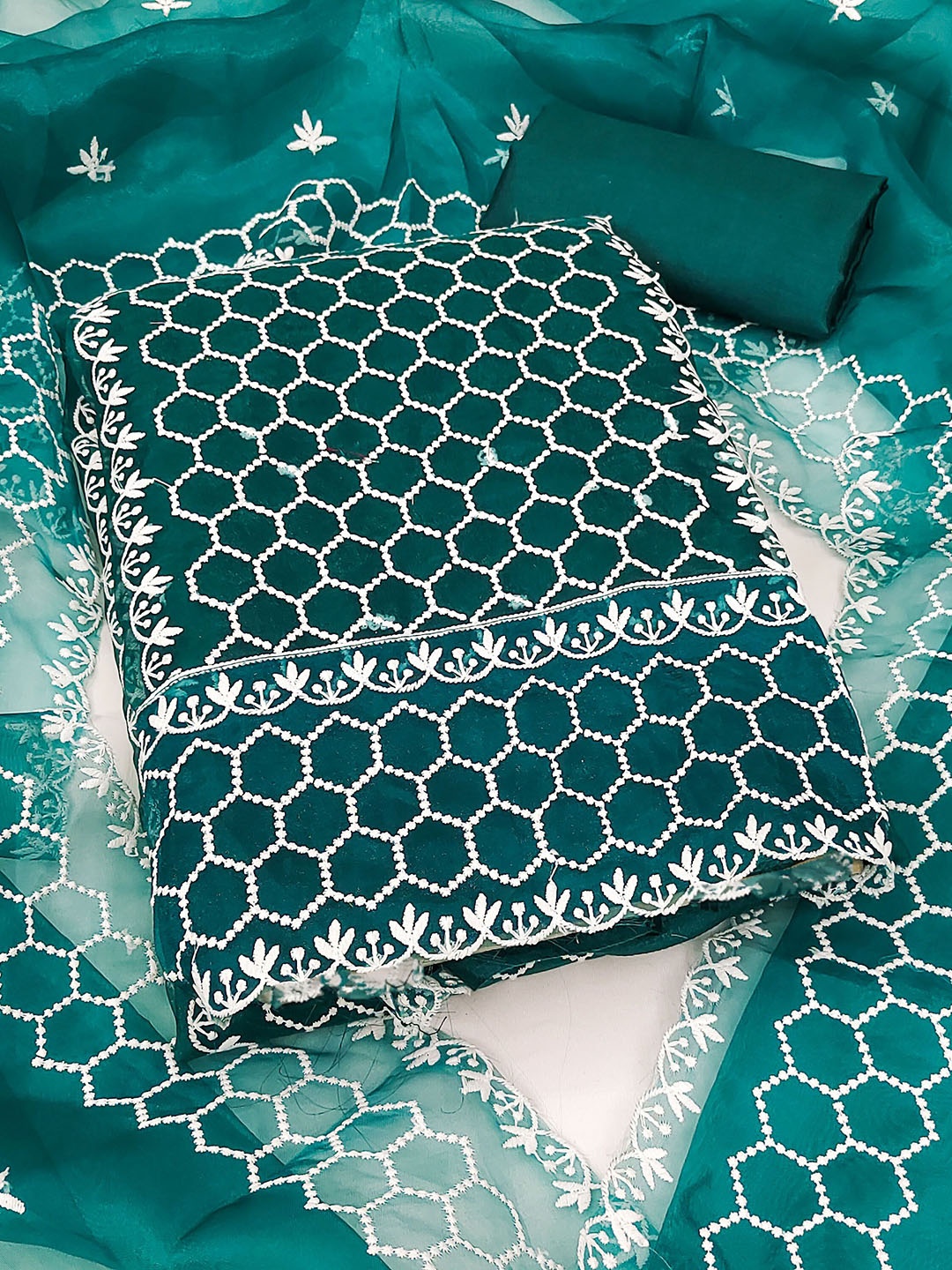 

KALINI Geometric Embroidered Organza Unstitched Dress Material, Teal