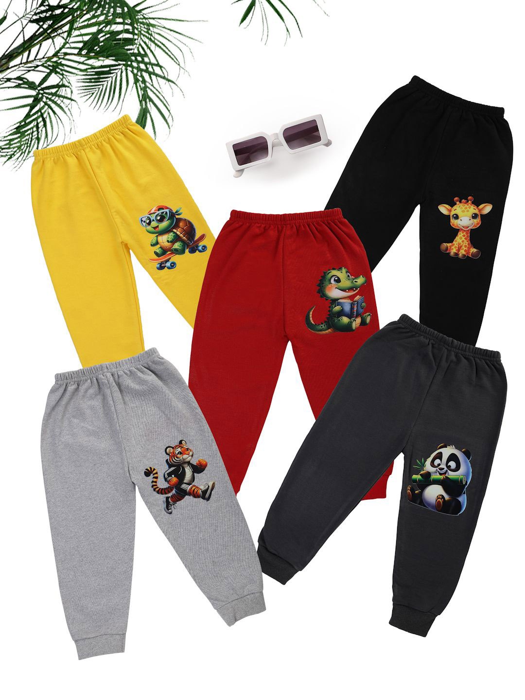 

UZARUS Infants Pack Of 5 Printed Cotton Joggers, Yellow