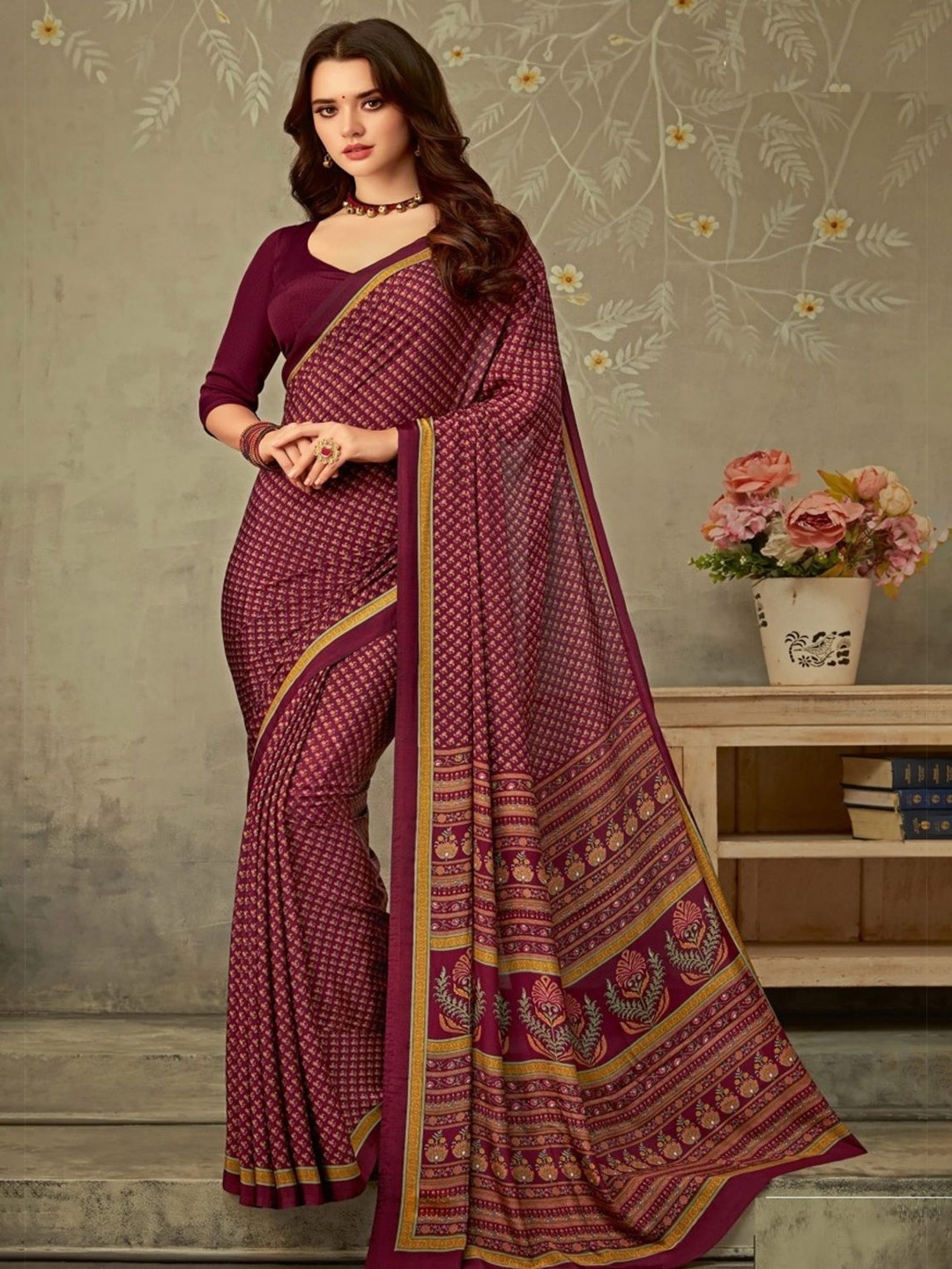 

DURGA EMPORIO Floral Printed Pure Crepe Saree, Maroon