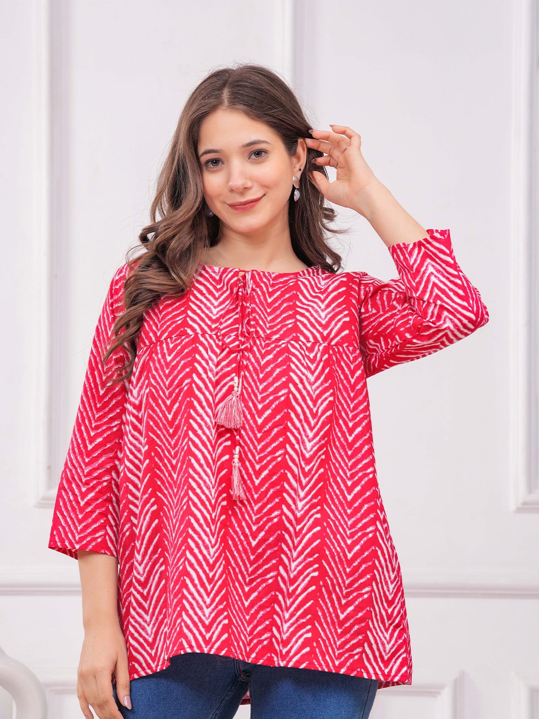 

MF ERA Women Leheriya Printed Pure Cotton A-Line Kurti, Red
