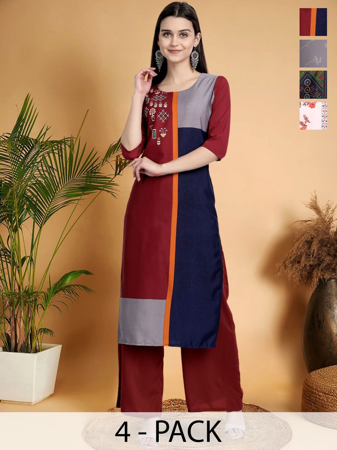 

7Threads Selection Of 4 Geometric Printed Round Neck Kurtas, Maroon