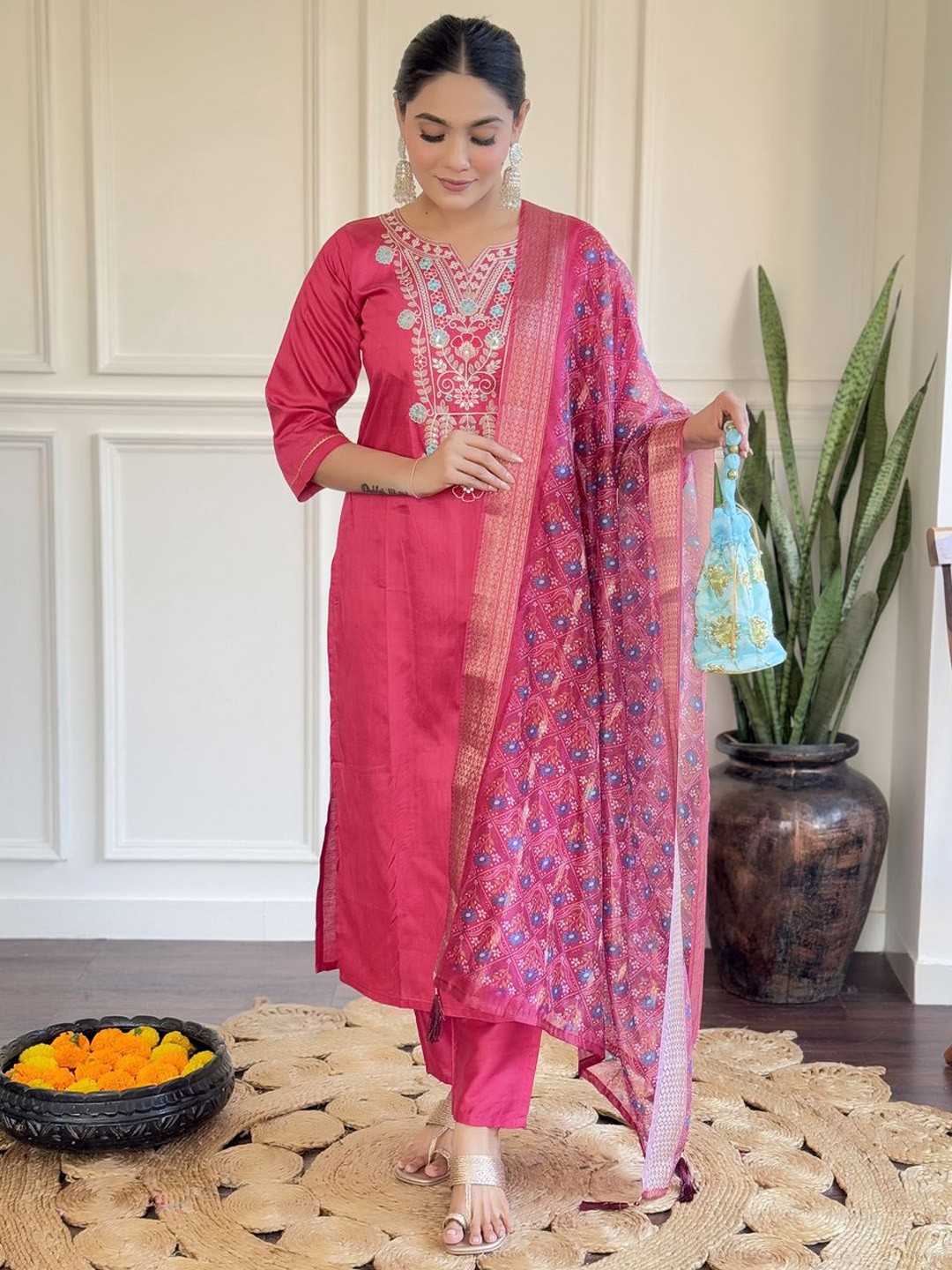 

SHIJILA Sequined Embellished Notch Neck Straight Kurta With Trouser And Dupatta, Pink