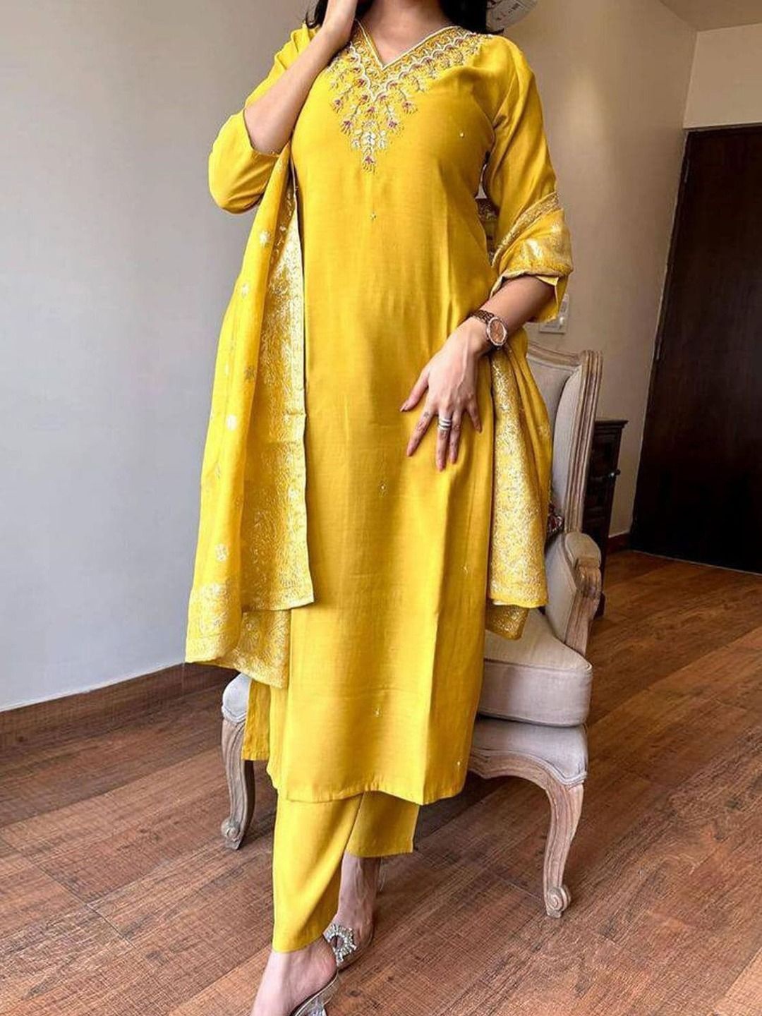 

SHIJILA Gotta Patti Embellished V-Neck Straight Kurta With Trouser And Dupatta, Mustard
