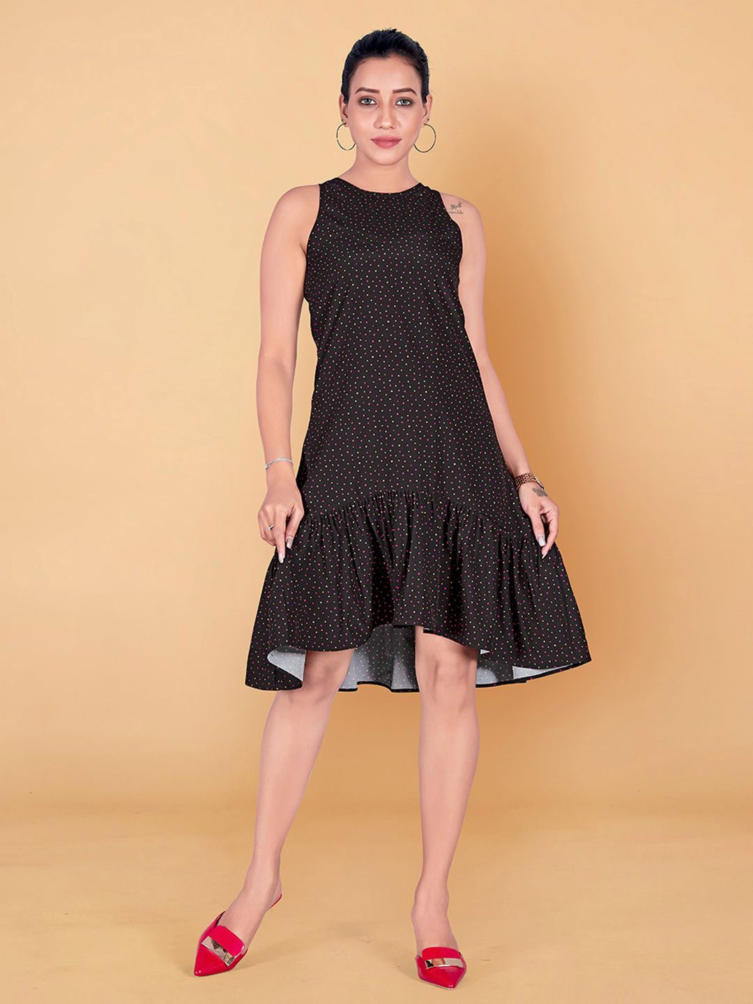 

Moda Rapido Women Polka Dot Printed Drop-Waist Knee Length Dress, Black