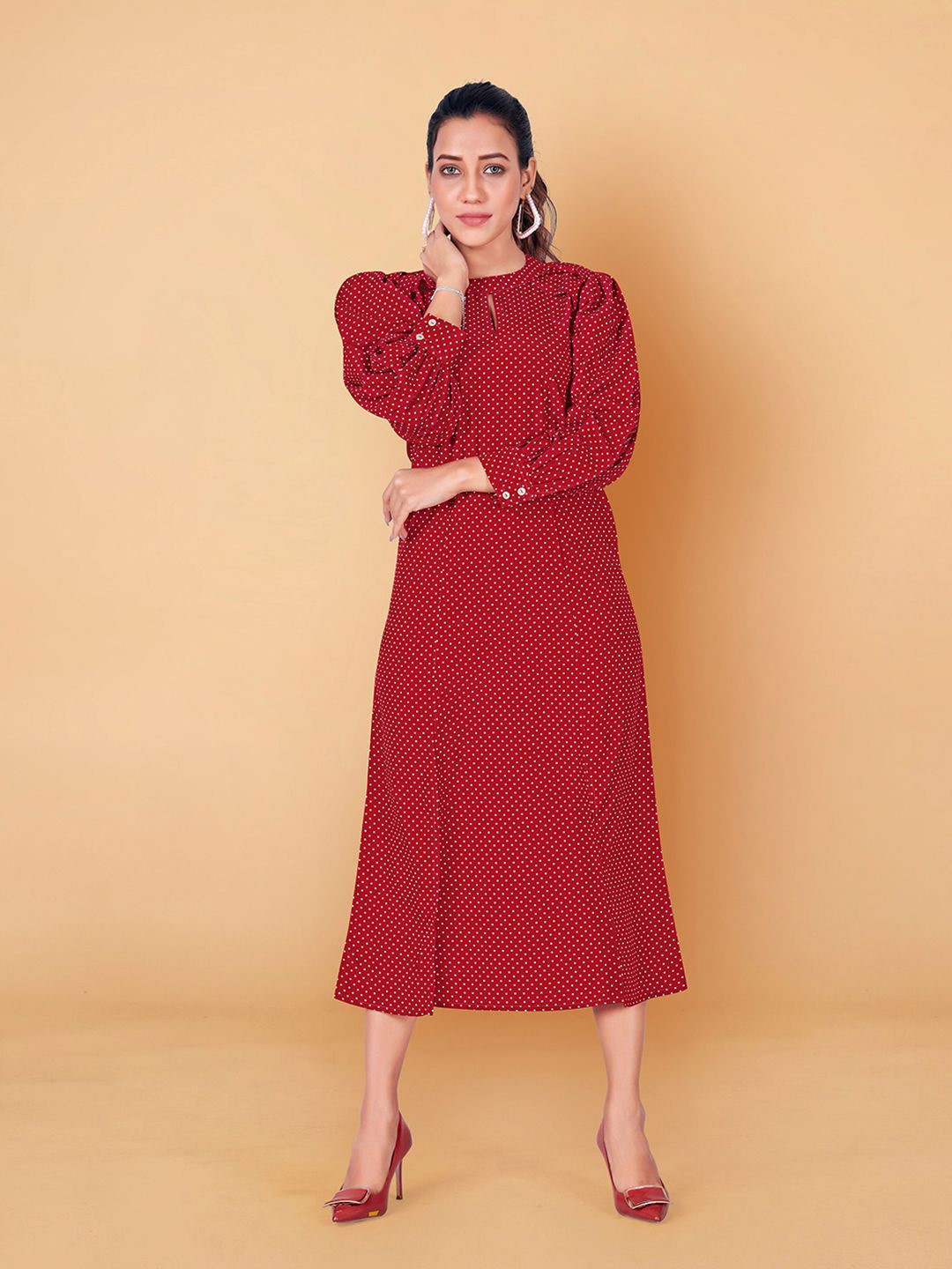 

Moda Rapido Women Polka Dots Keyhole Neck A-Line Dress, Maroon