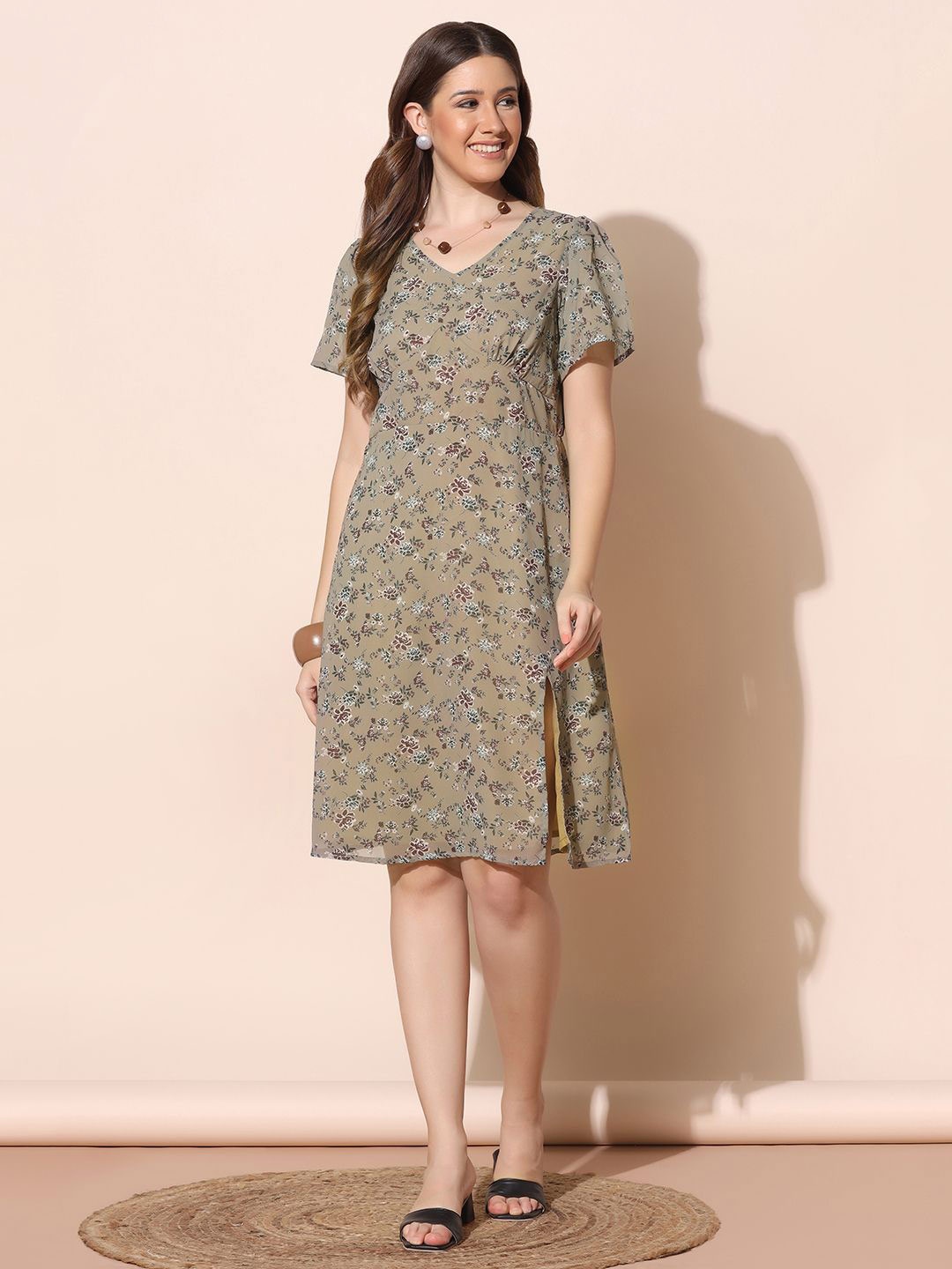 

Moda Rapido Women Floral Print A-Line Dress, Beige