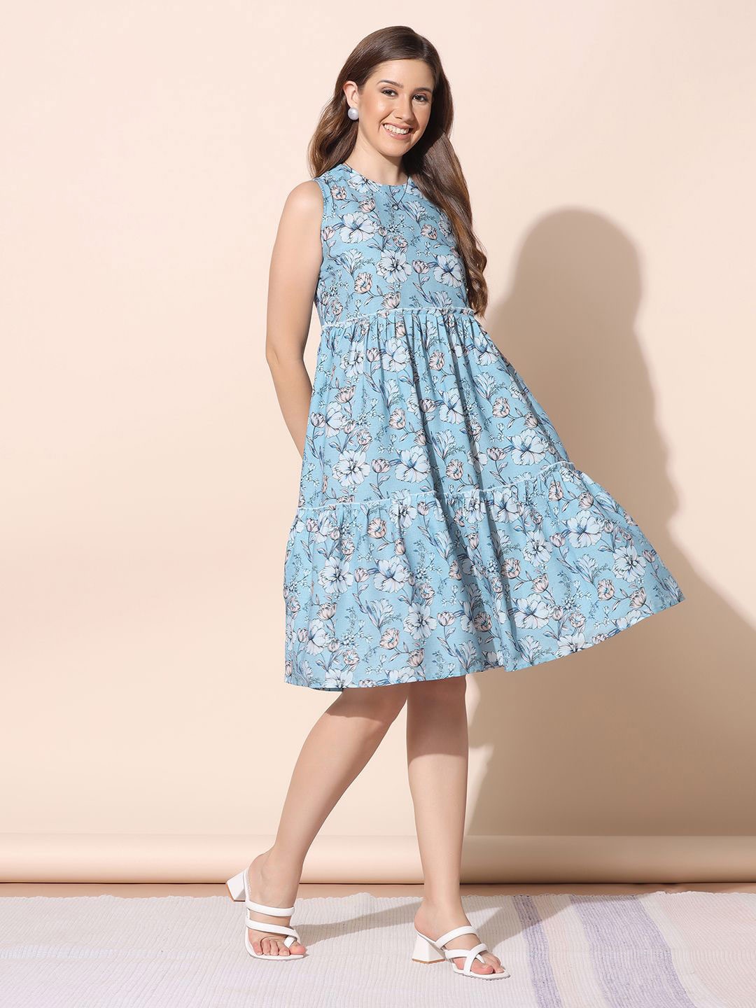 

Moda Rapido Floral Print Tiered Fit & Flare Dress, Blue