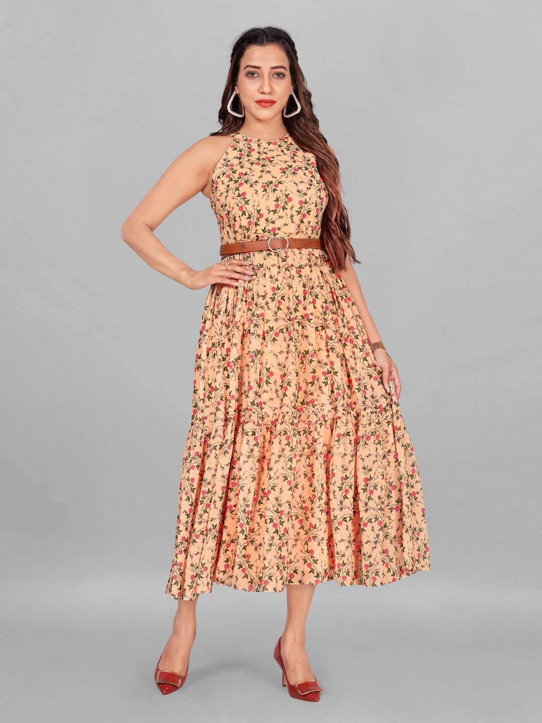 

Moda Rapido Women Floral Printed Halter Neck Fit - Flare Dress, Cream