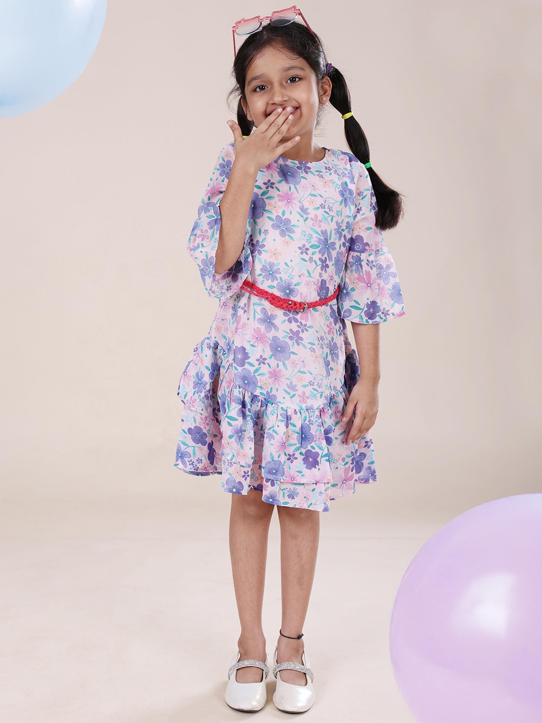 

KiddoPanti Floral Printed Bell Sleeve Layered Drop-Waist Dress With Belt, Pink