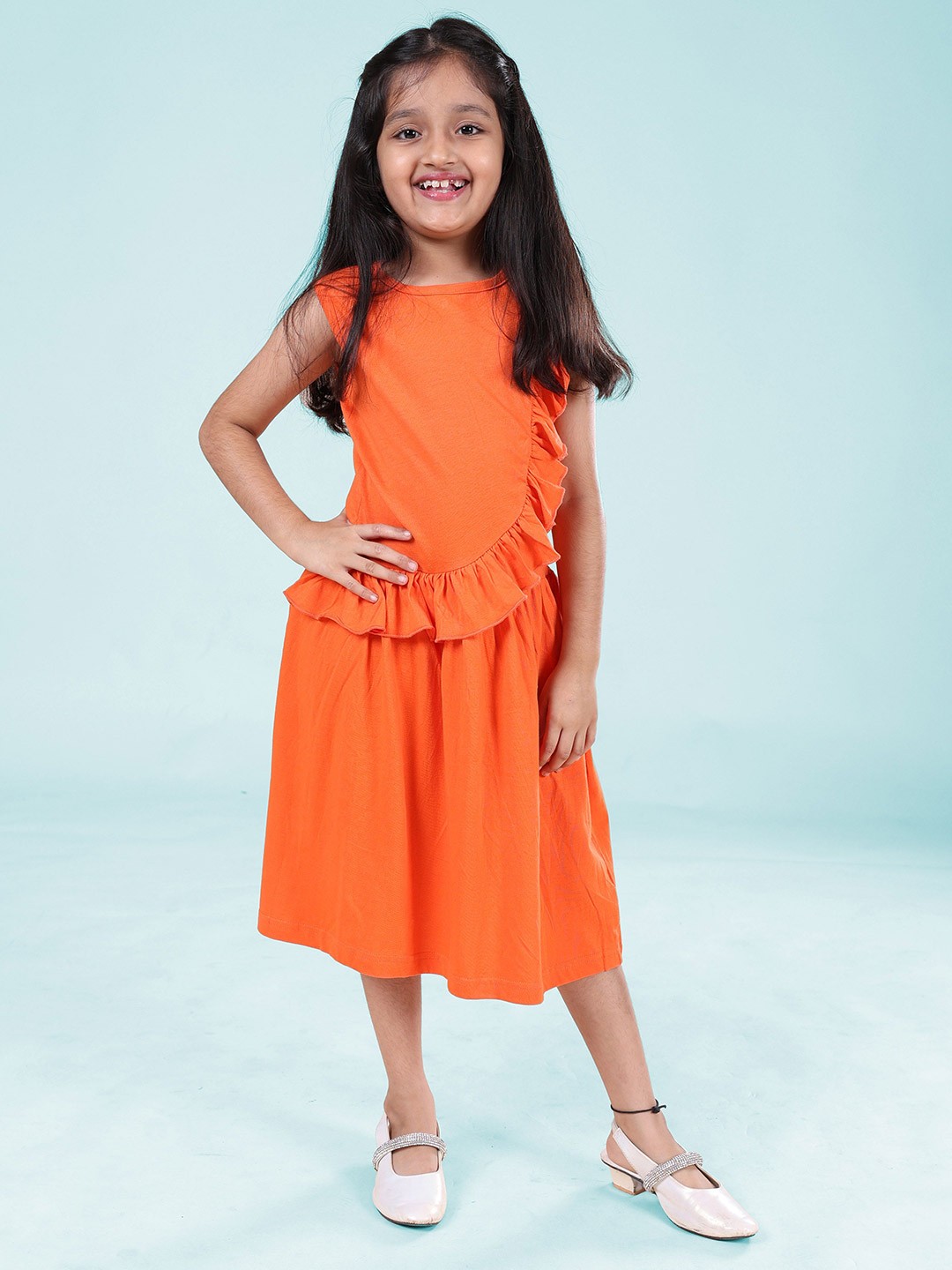 

KiddoPanti Girls Cotton Sleeveless Ruffled Midi Dress, Orange