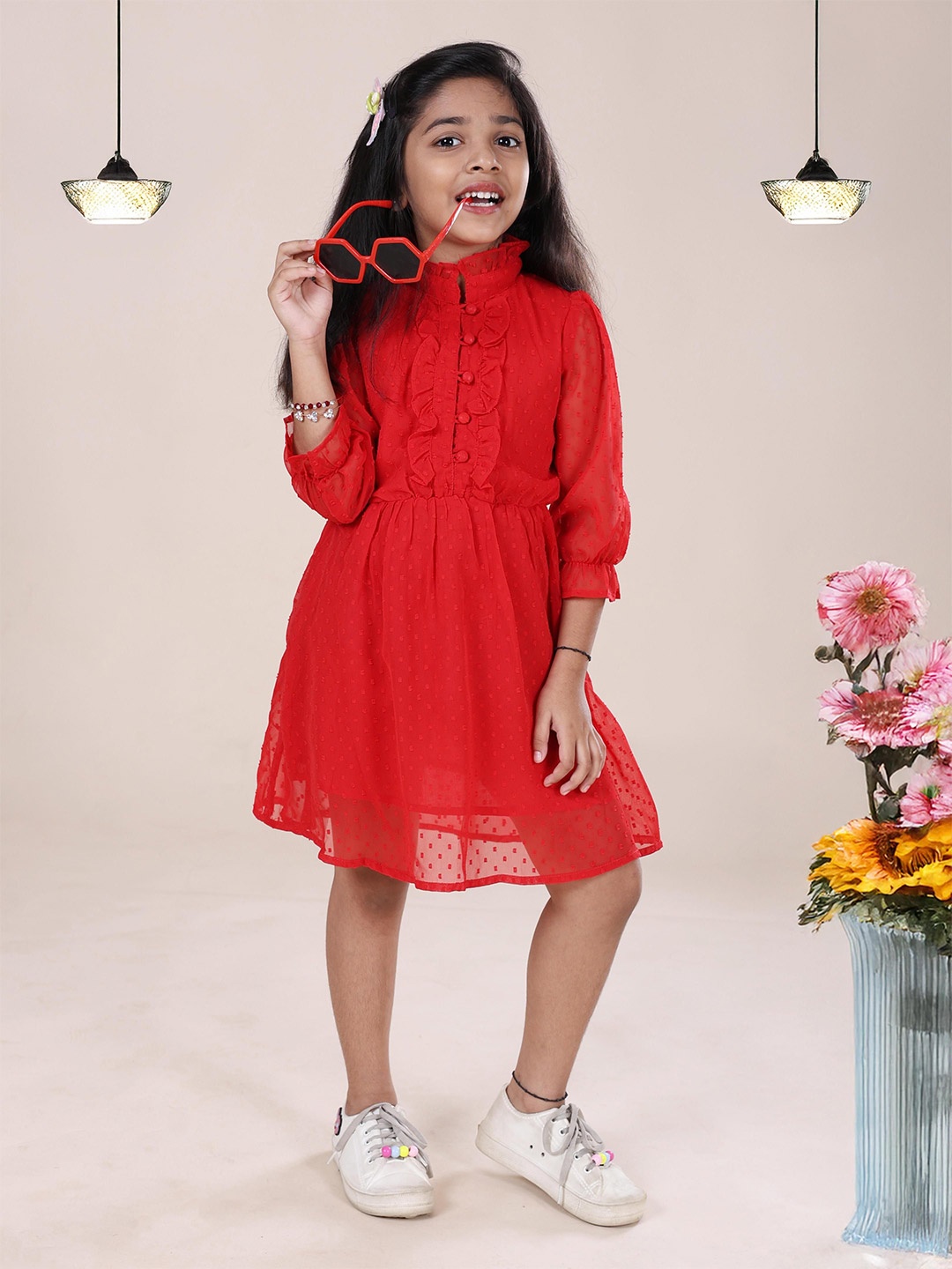 

KiddoPanti Girls Self Design A-Line Dress, Red