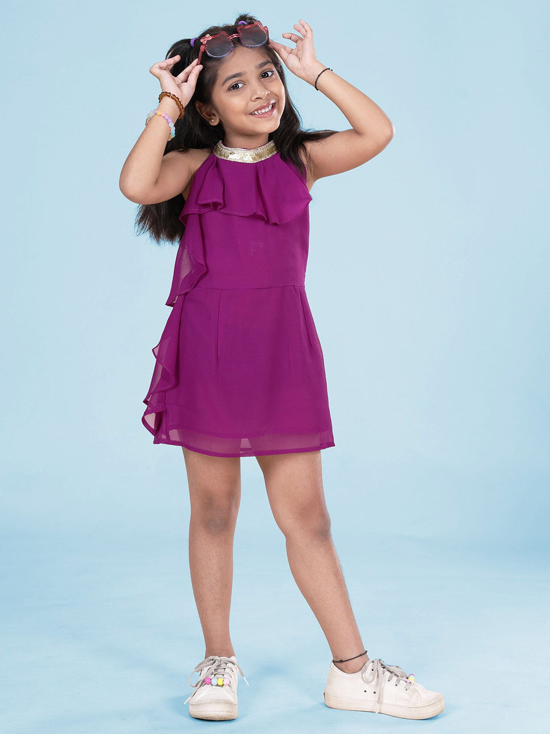 

KiddoPanti Girls Ruffled Georgette A-Line Dress, Purple