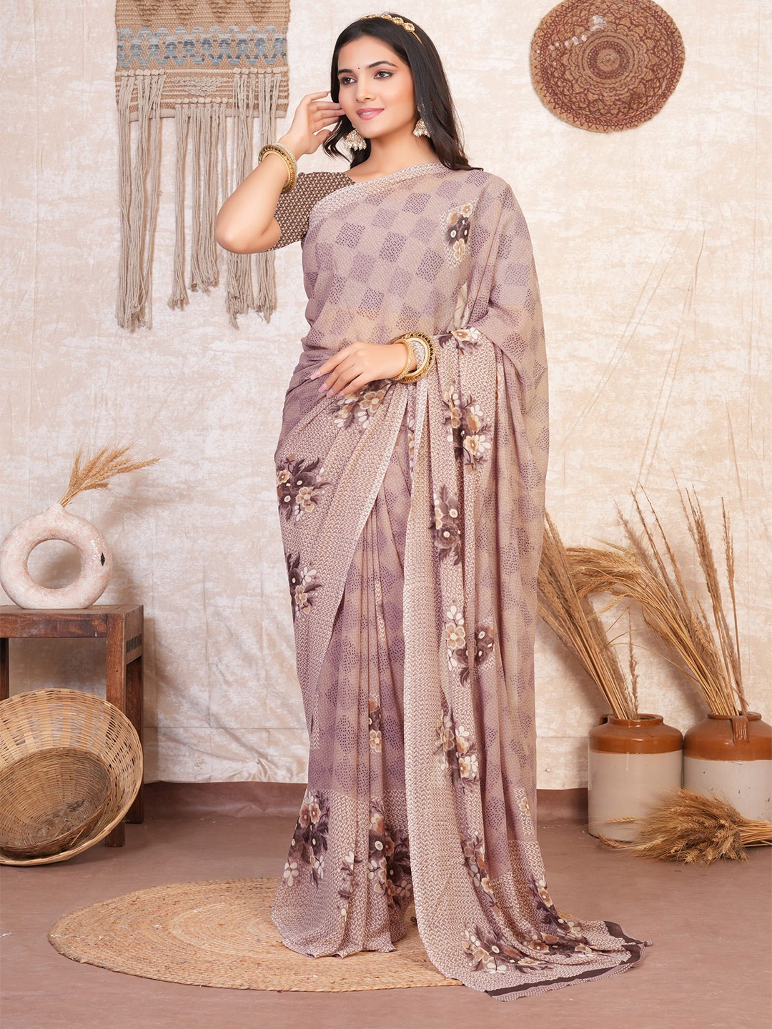 

EMV Geometric Printed Pure Chiffon Saree, Purple